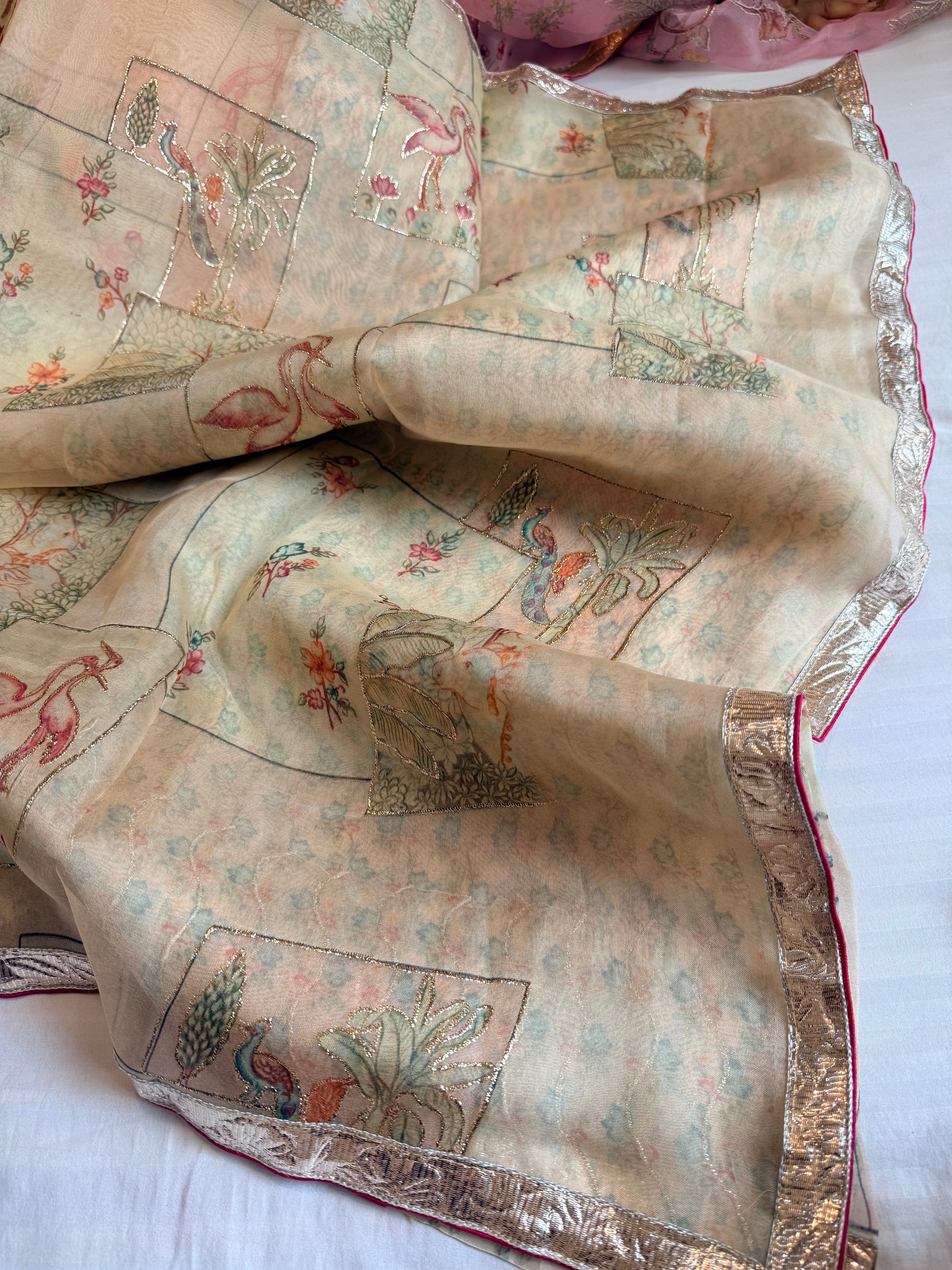 Kora silk printed lampi gotapatti hand embroidered saree