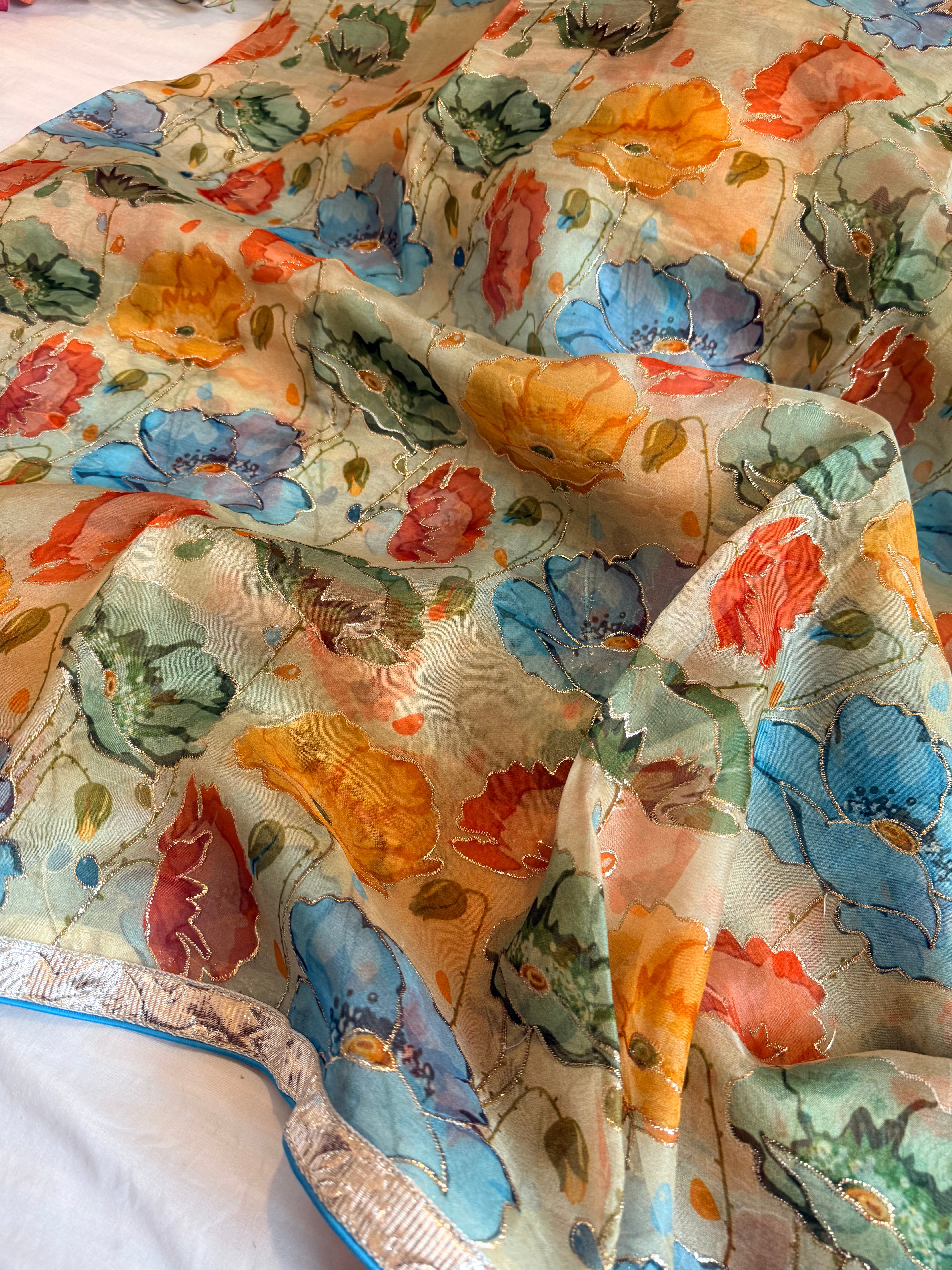 Kora silk printed lampi gotapatti hand embroidered saree