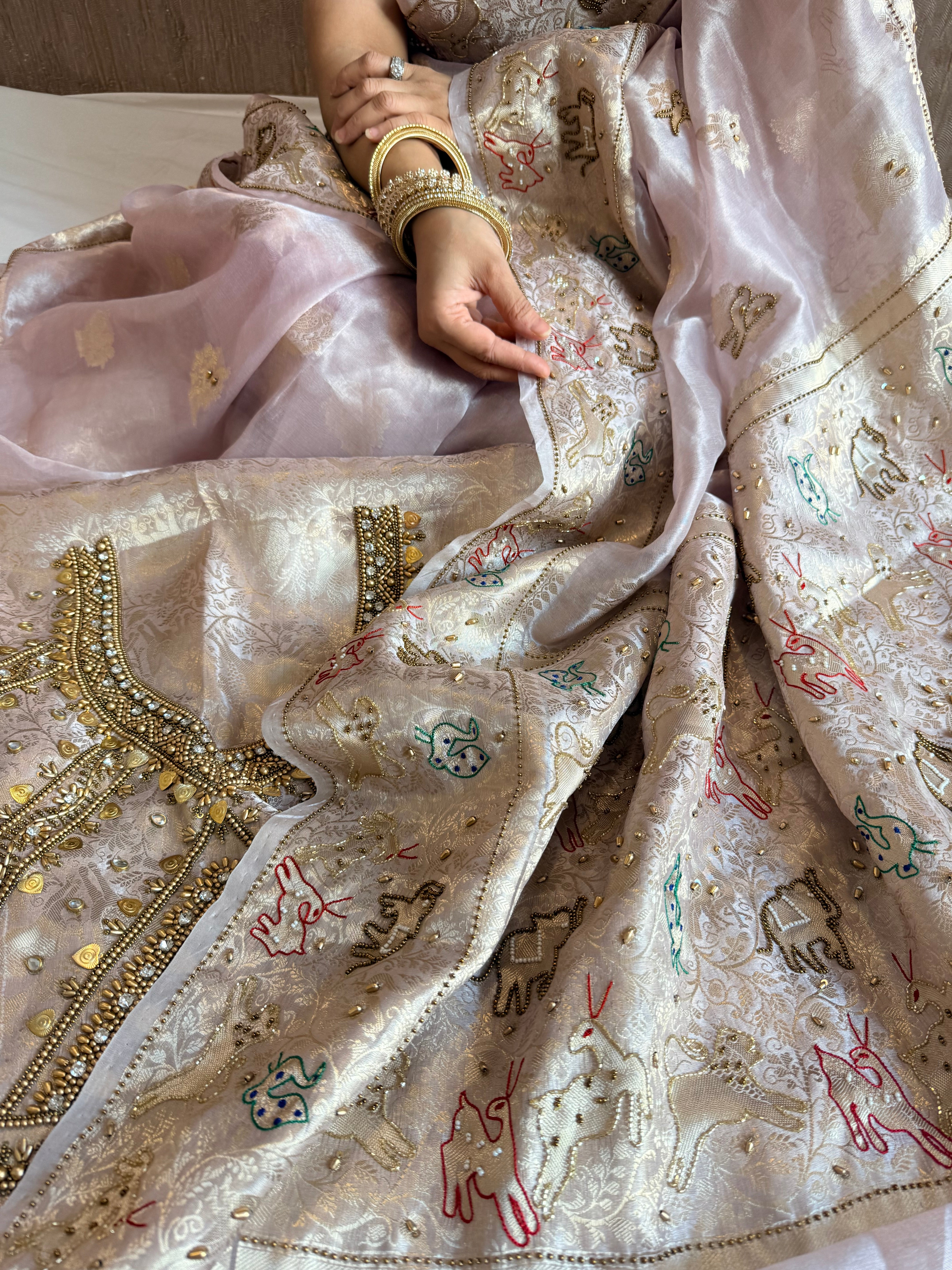 Vrindavan edit saree - Nude lilac diamond tissue silk hand embroidered jadau work saree