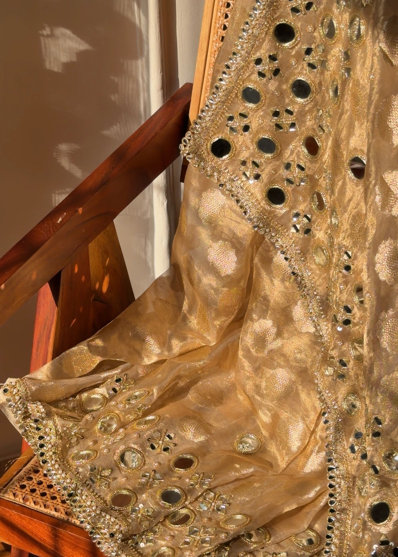 Butter gold kaanch wali mirrorwork hand embroidered tissue silk buti saree