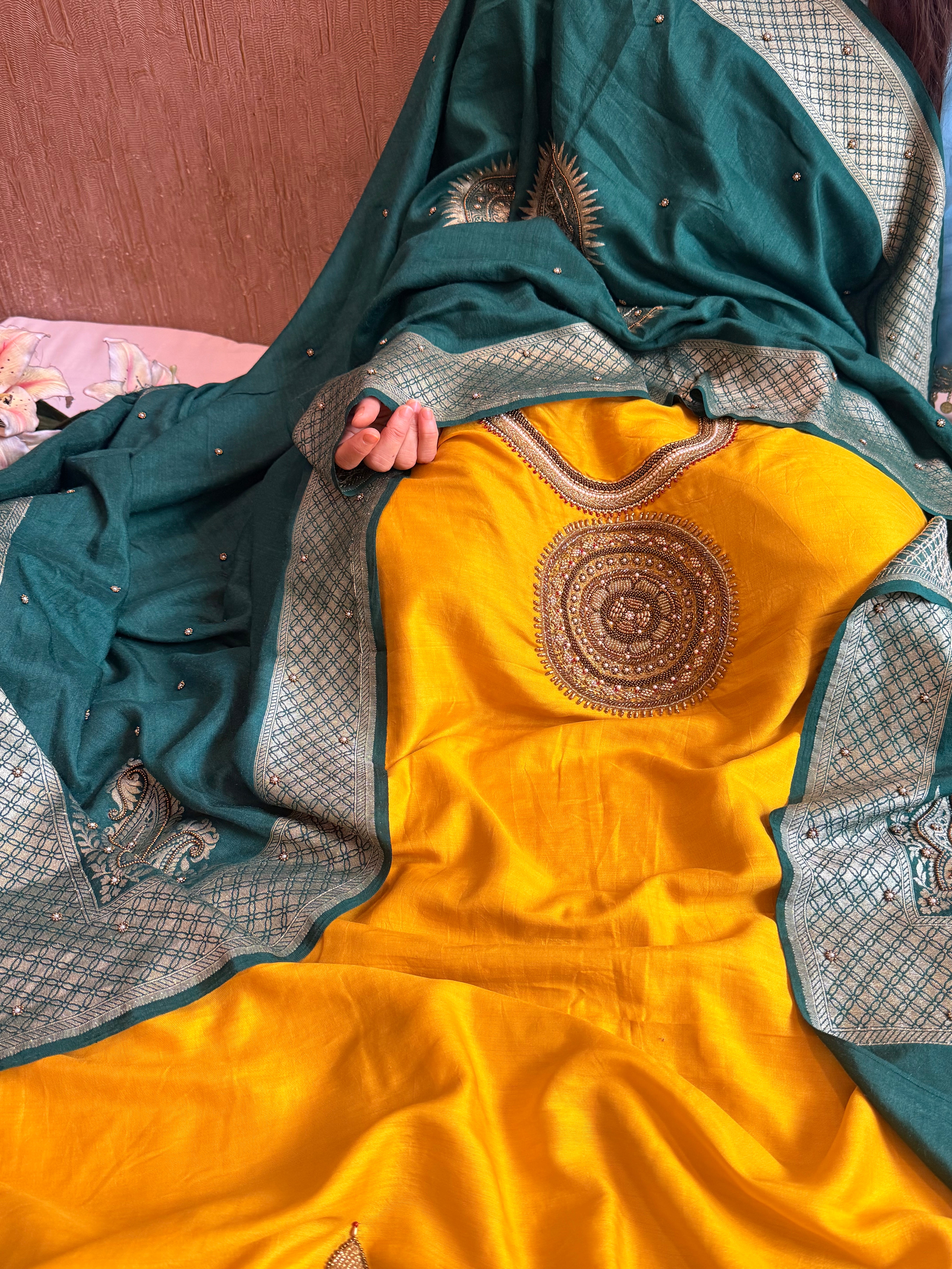 Haldi yellow - Bottle green spun chiniya silk hand embroidered mandala work suit set