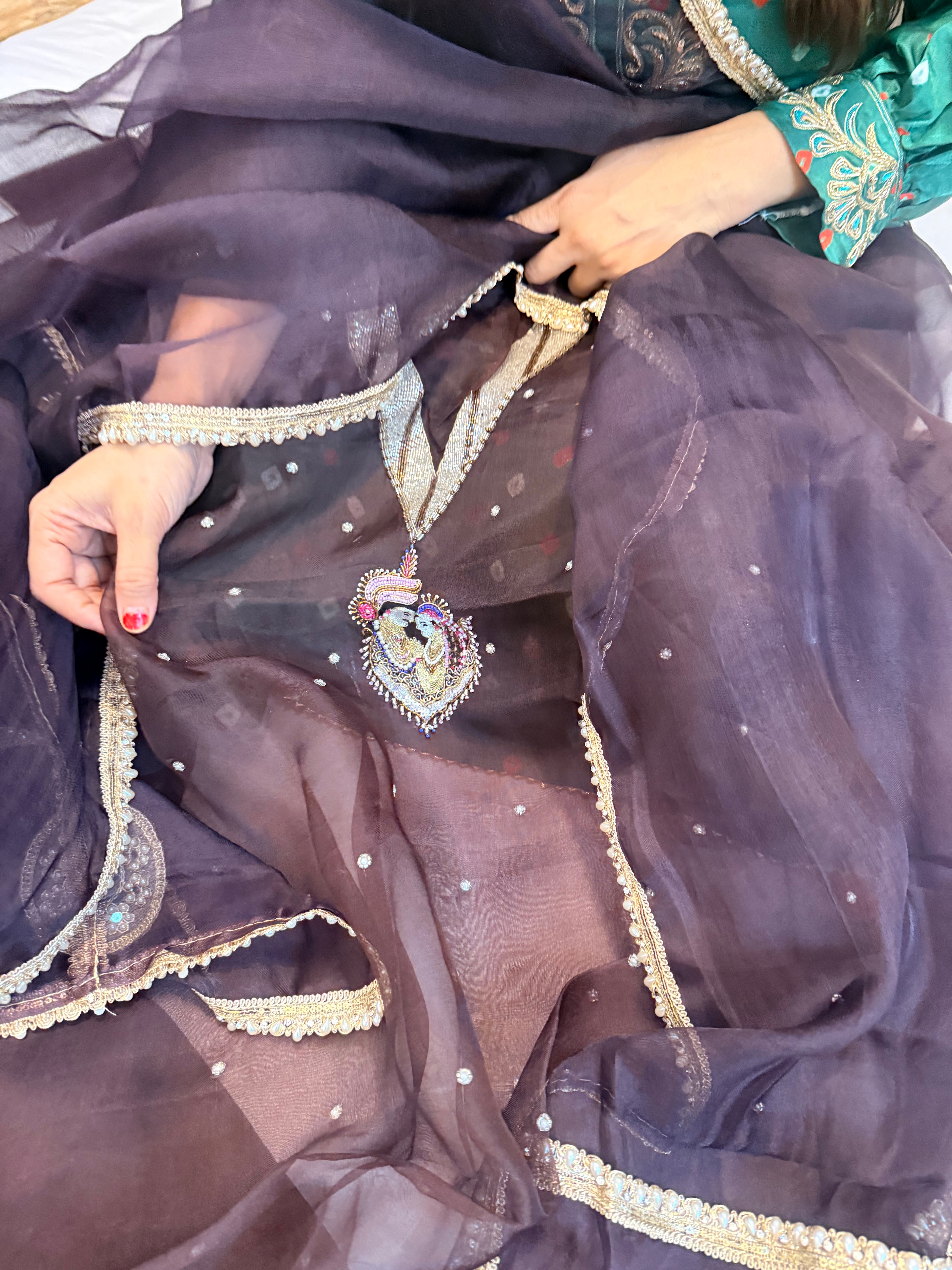 Chocolate brown kora silk gotapatti hand embroidered suit set