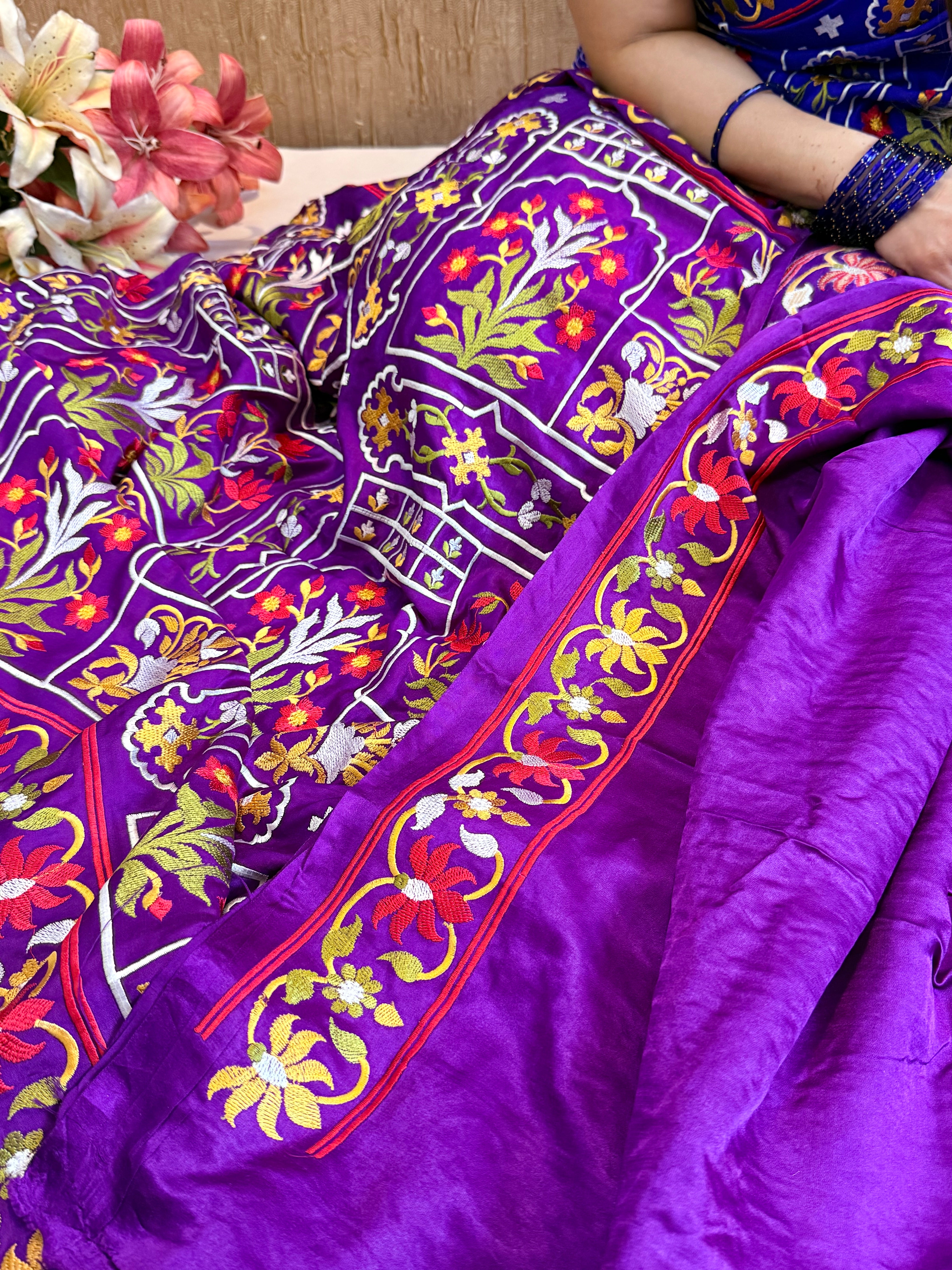Jamdani hand embroidered purple mashru silk thread embroidered saree