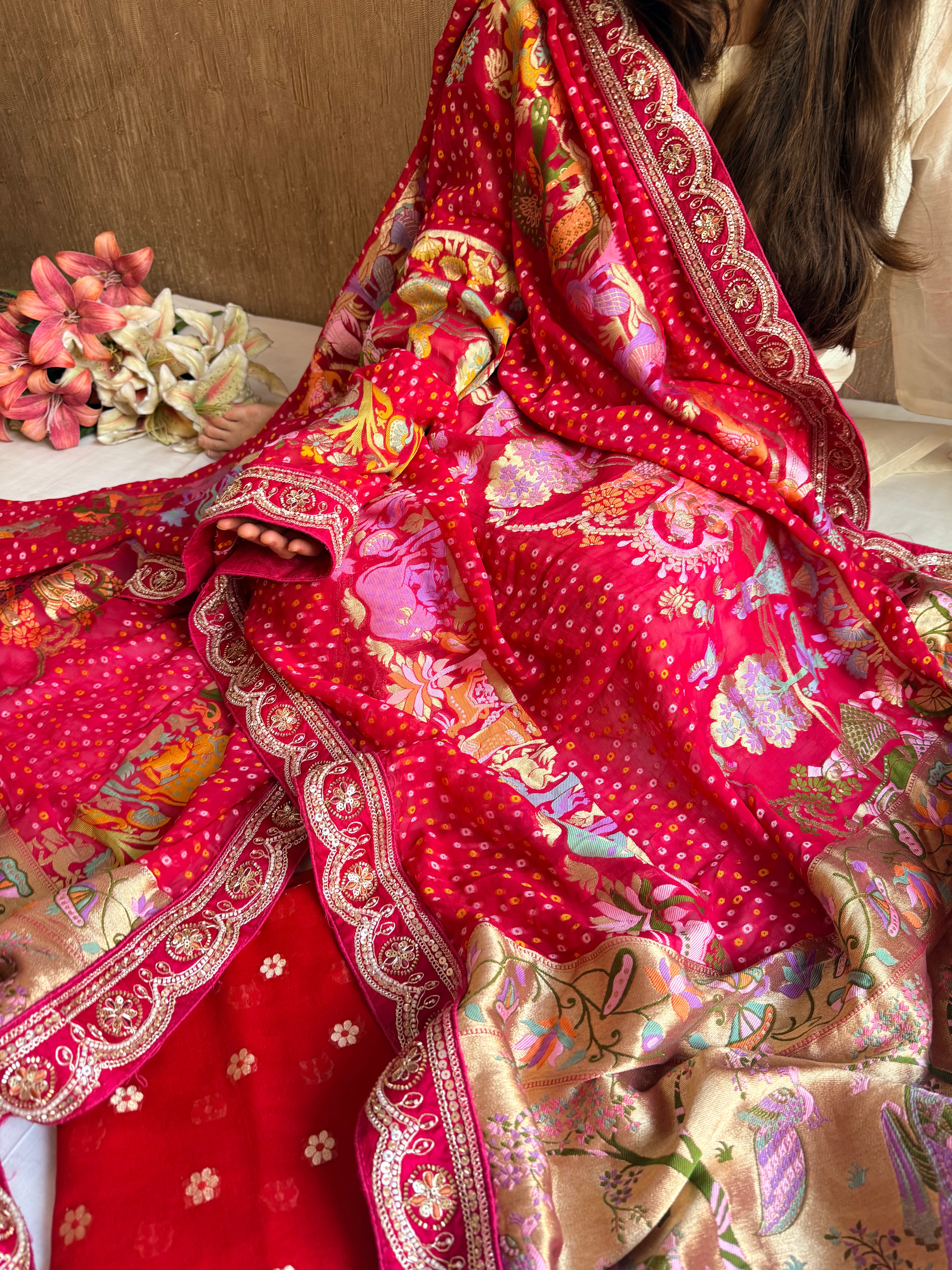 Banarasi rai bandhej radha krishna weaving gorgette kadhwa suit set