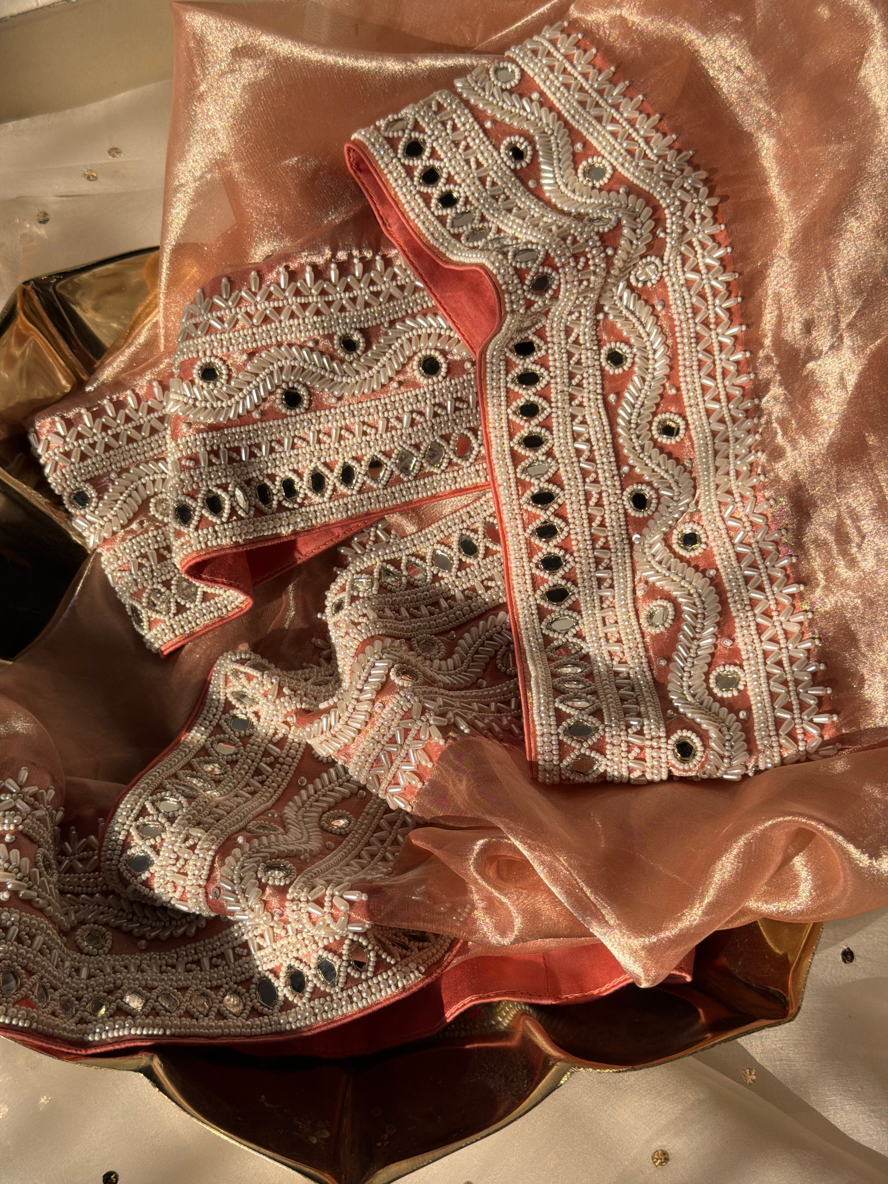 Gajri peach mirrorwork and pearlwork hand embroidered diamond tissue saree