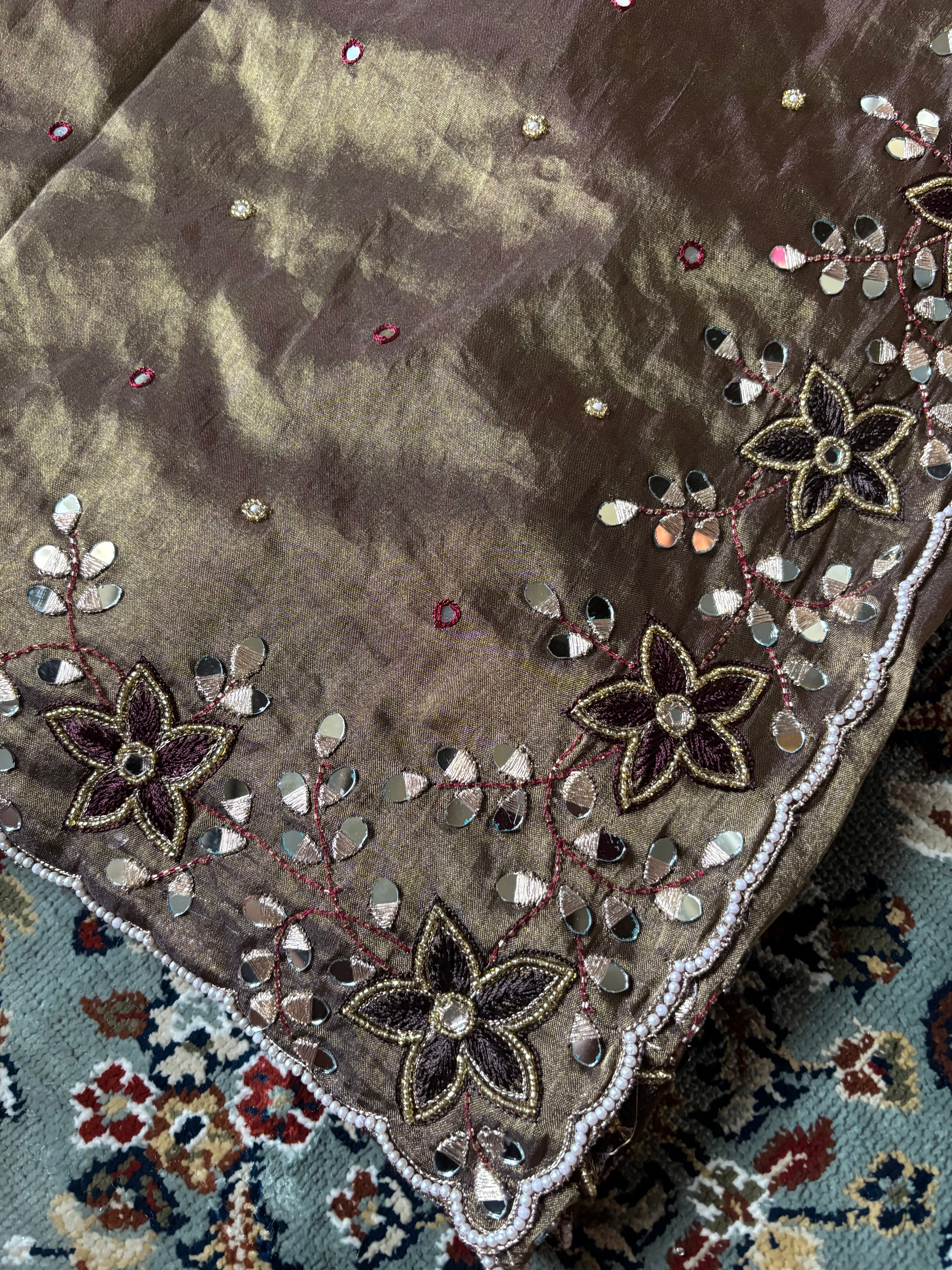 Sheesha aur moti - Chocolate brown mirrorwork and pearlwork hand embroidered saree