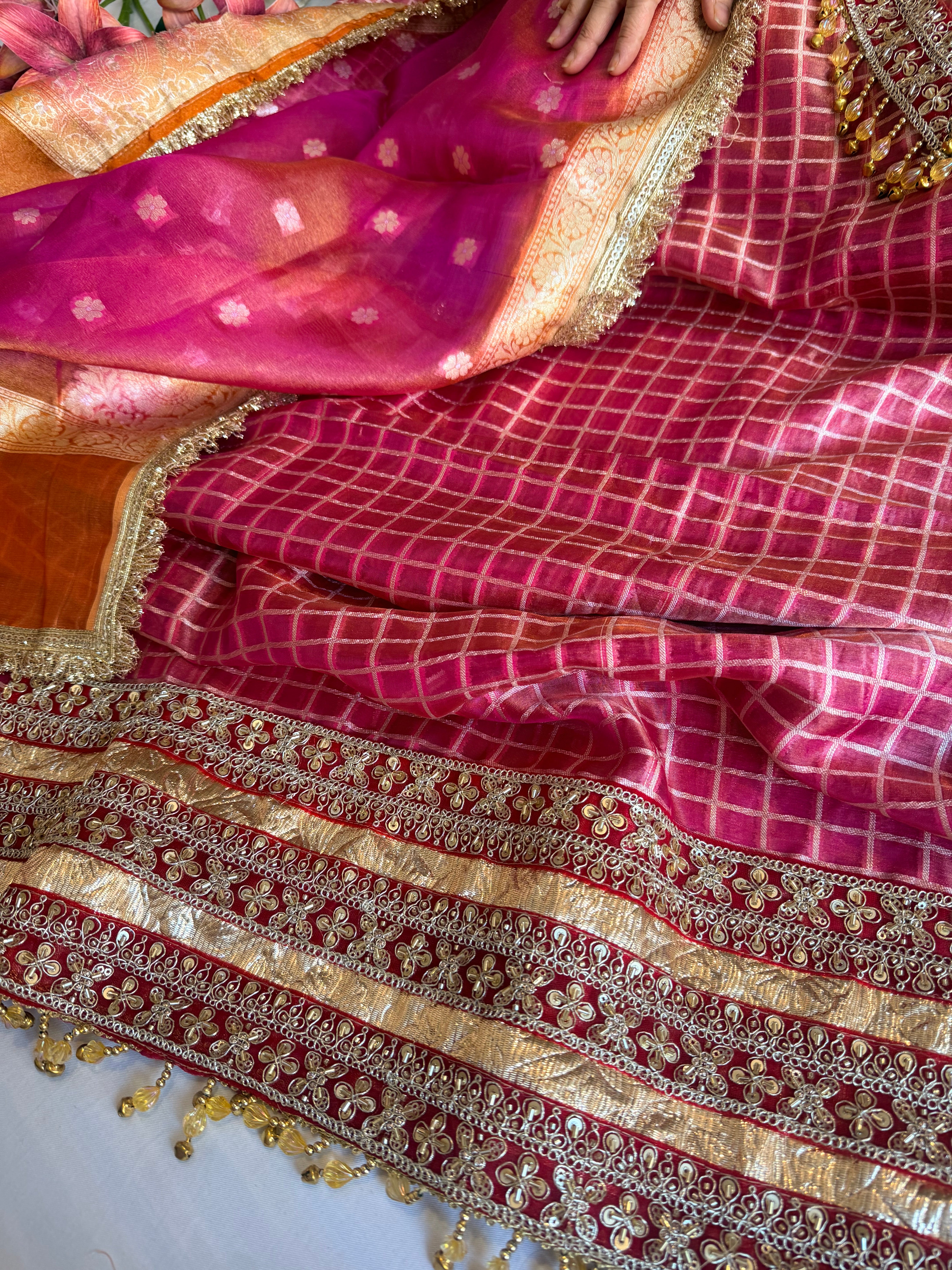Banarasi tissue silk lampiwork chap dye hand embroidered embellished suit set