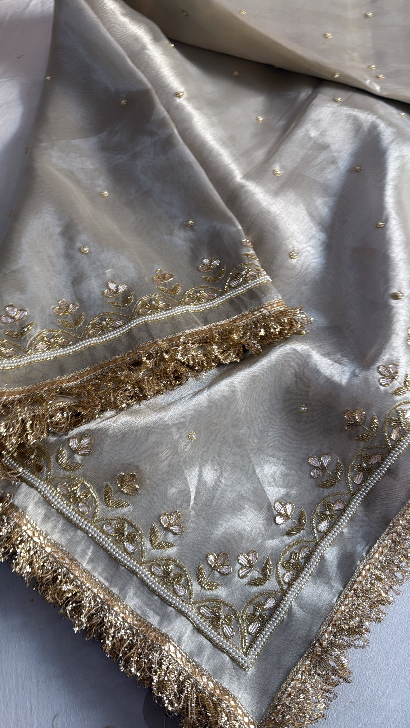 “Tara sutaria” tissue diamond tanchoi silk hand embroidered uljhi gotapatti saree