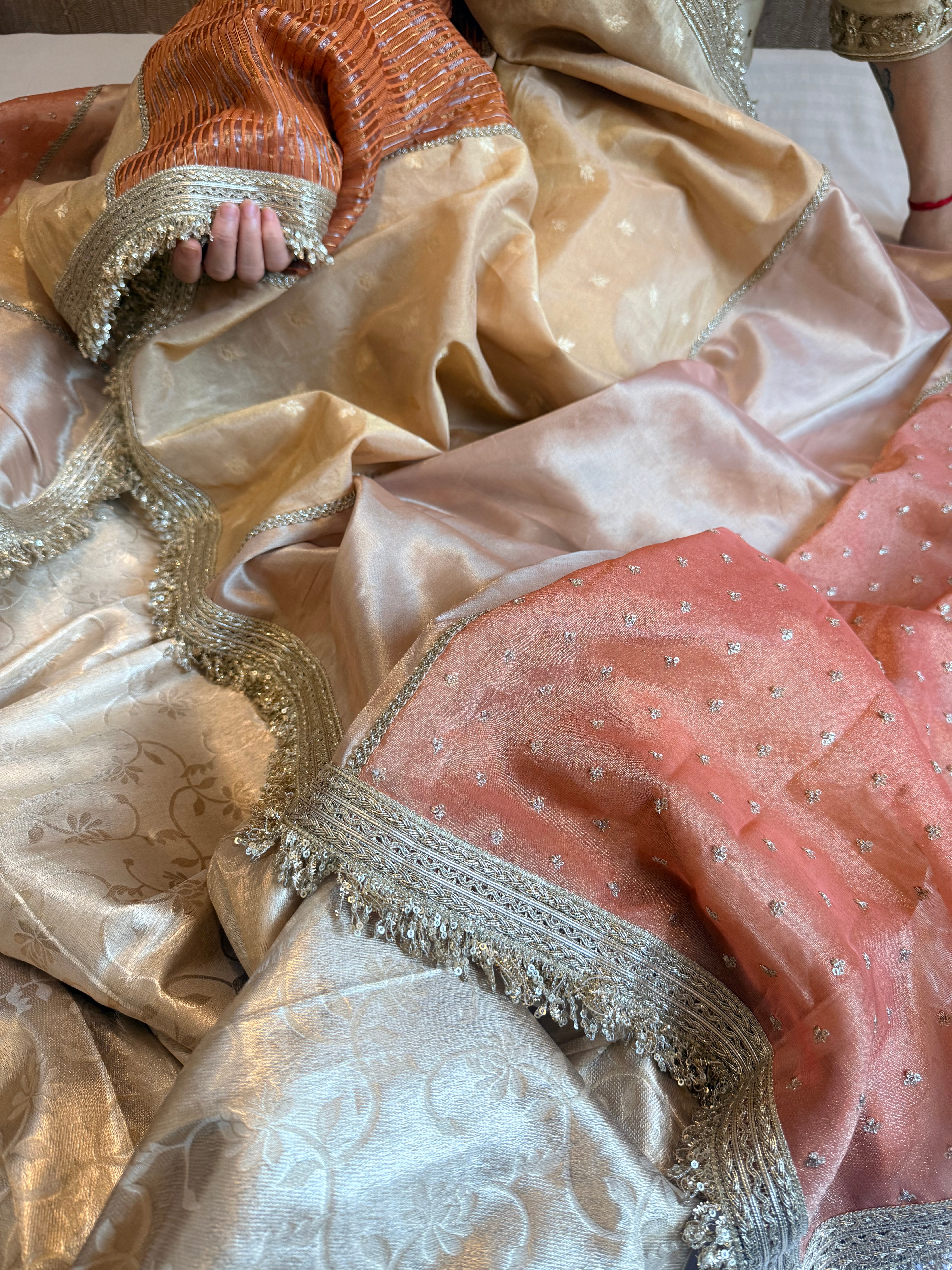 Golden shades pakistani tukdi tissue duppata paired with jaalwork tissue kurta