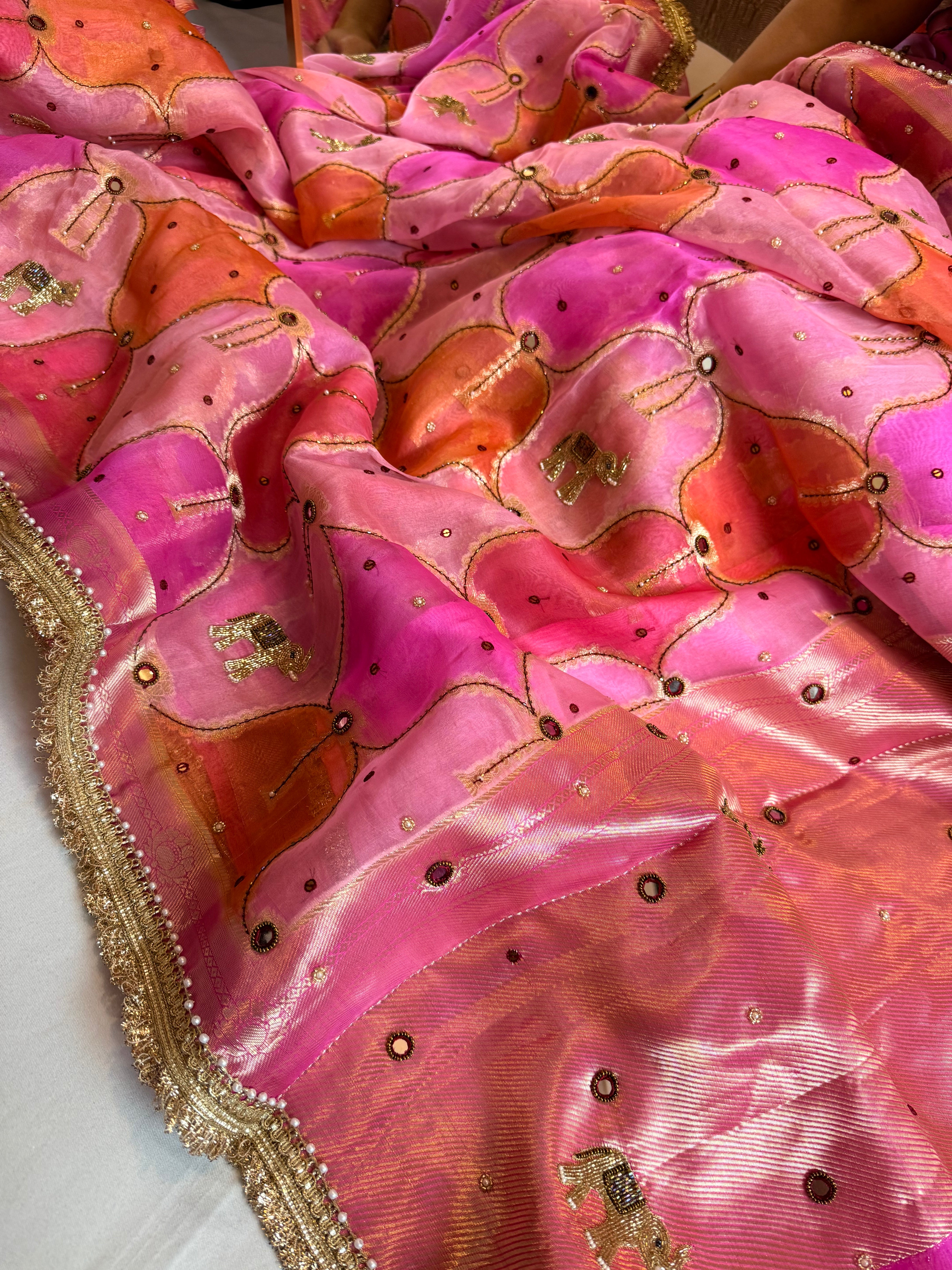 Rakhi edit - Candy pink kora silk rangkaat weaving hand embroidered saree