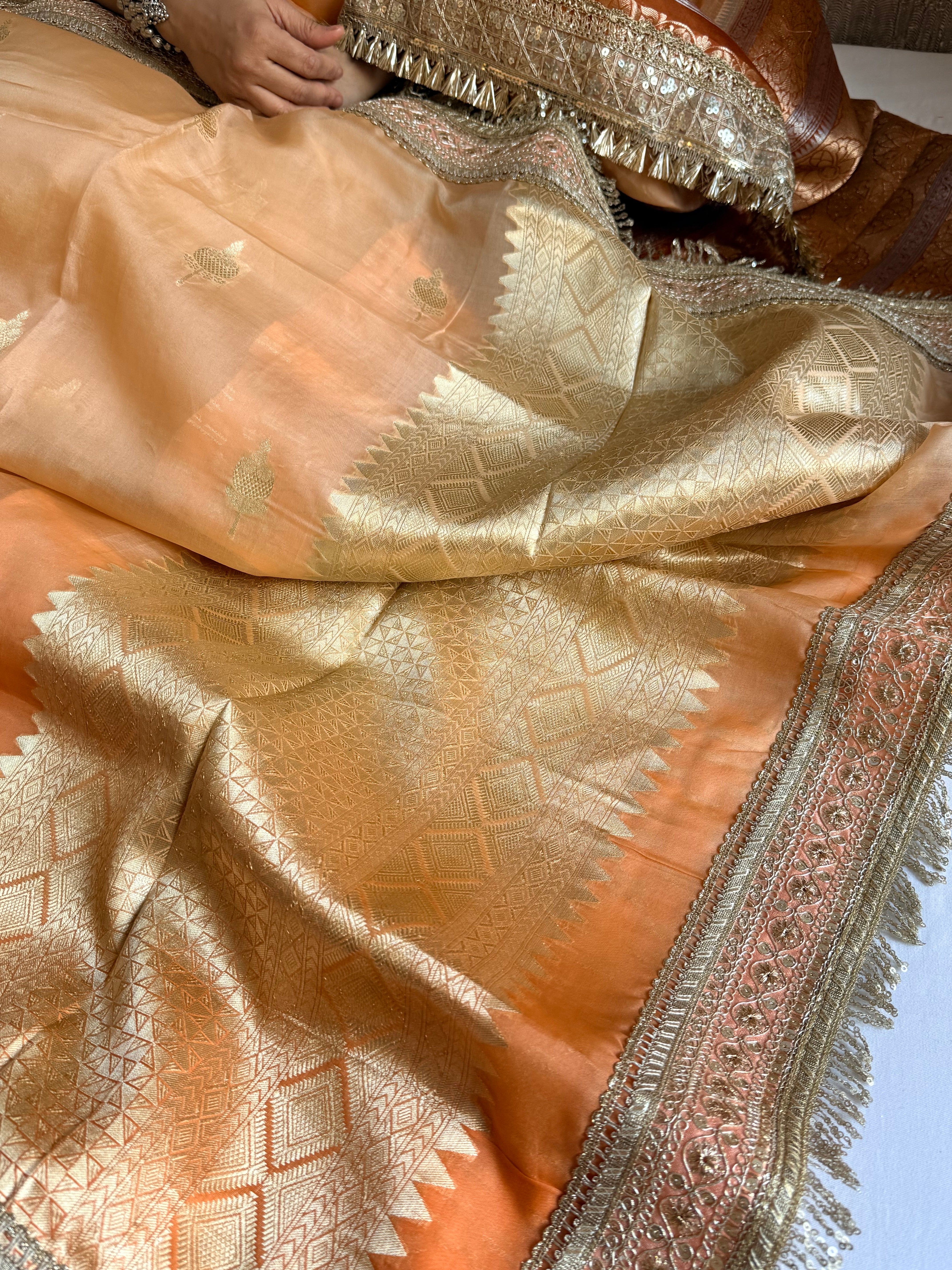 Banarasi leela ombre orange kora silk kadhwa saree