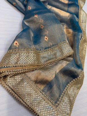 Aqua blue maharani tissue silk meenakari buti saree