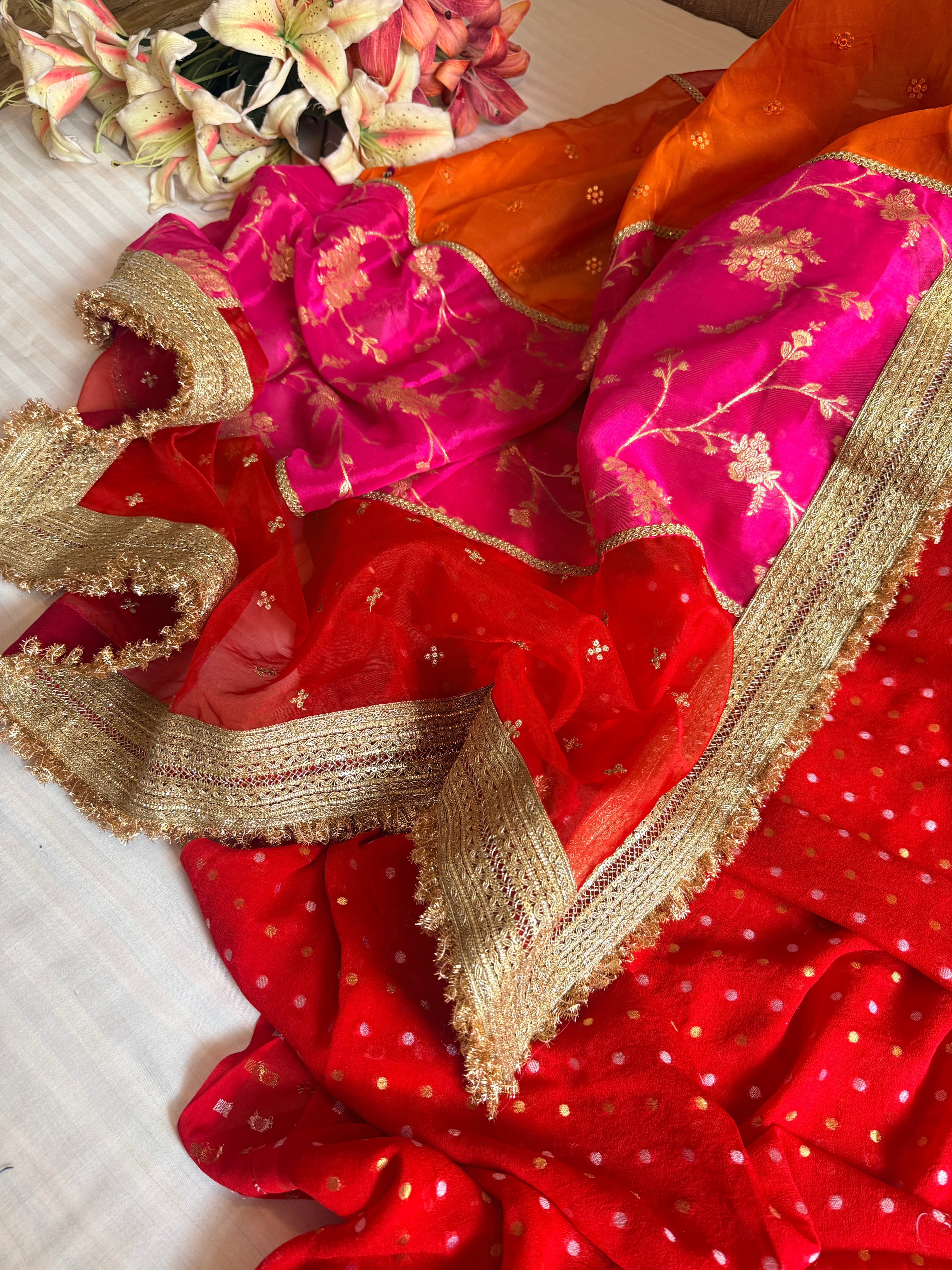 Teej & Karwachauth edit blood red chiffon gorgette hand embroidered multicolour duppata set