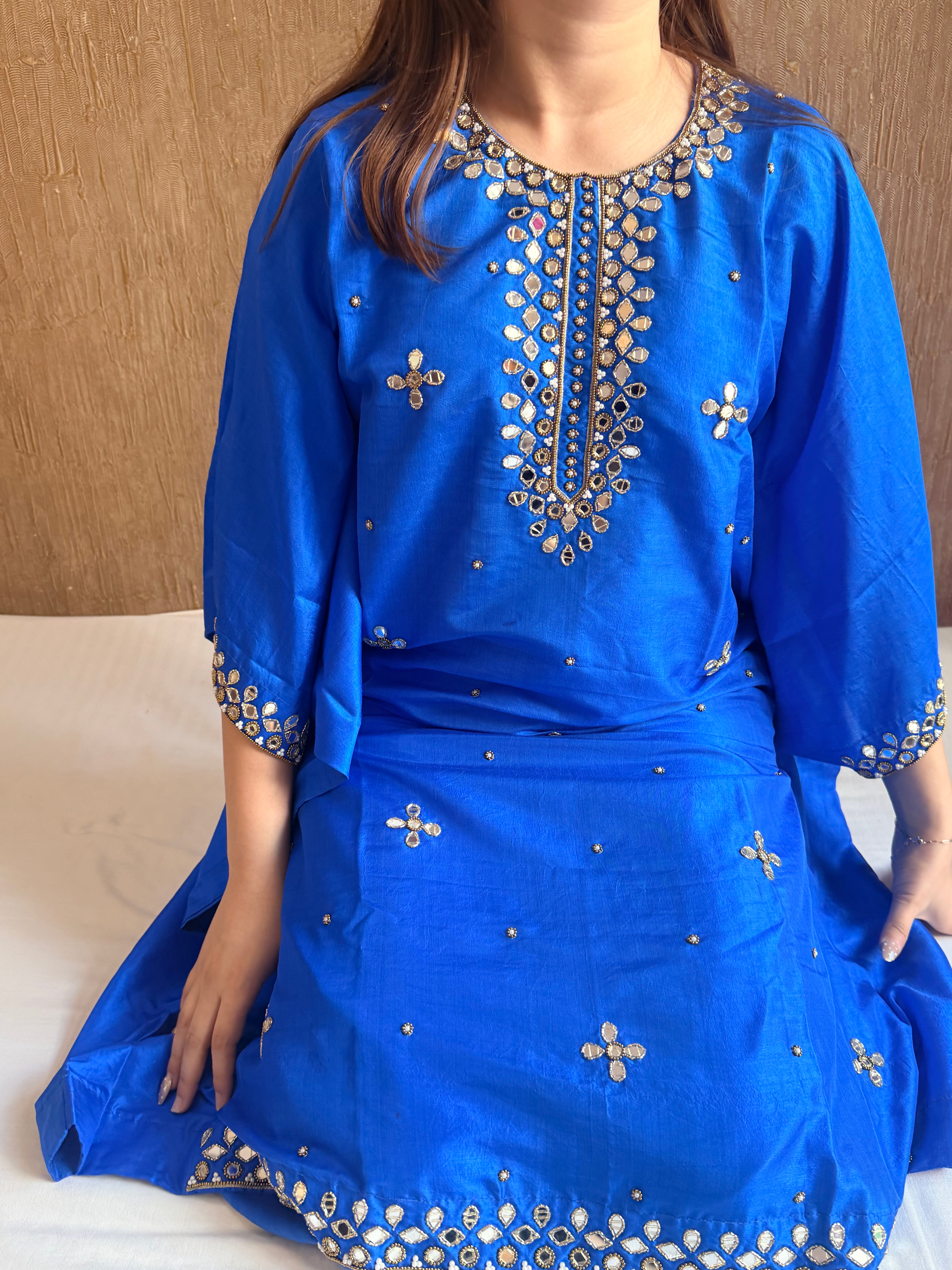 Mashru satin silk banarasi mirrorwork free size kaftan set with bottom