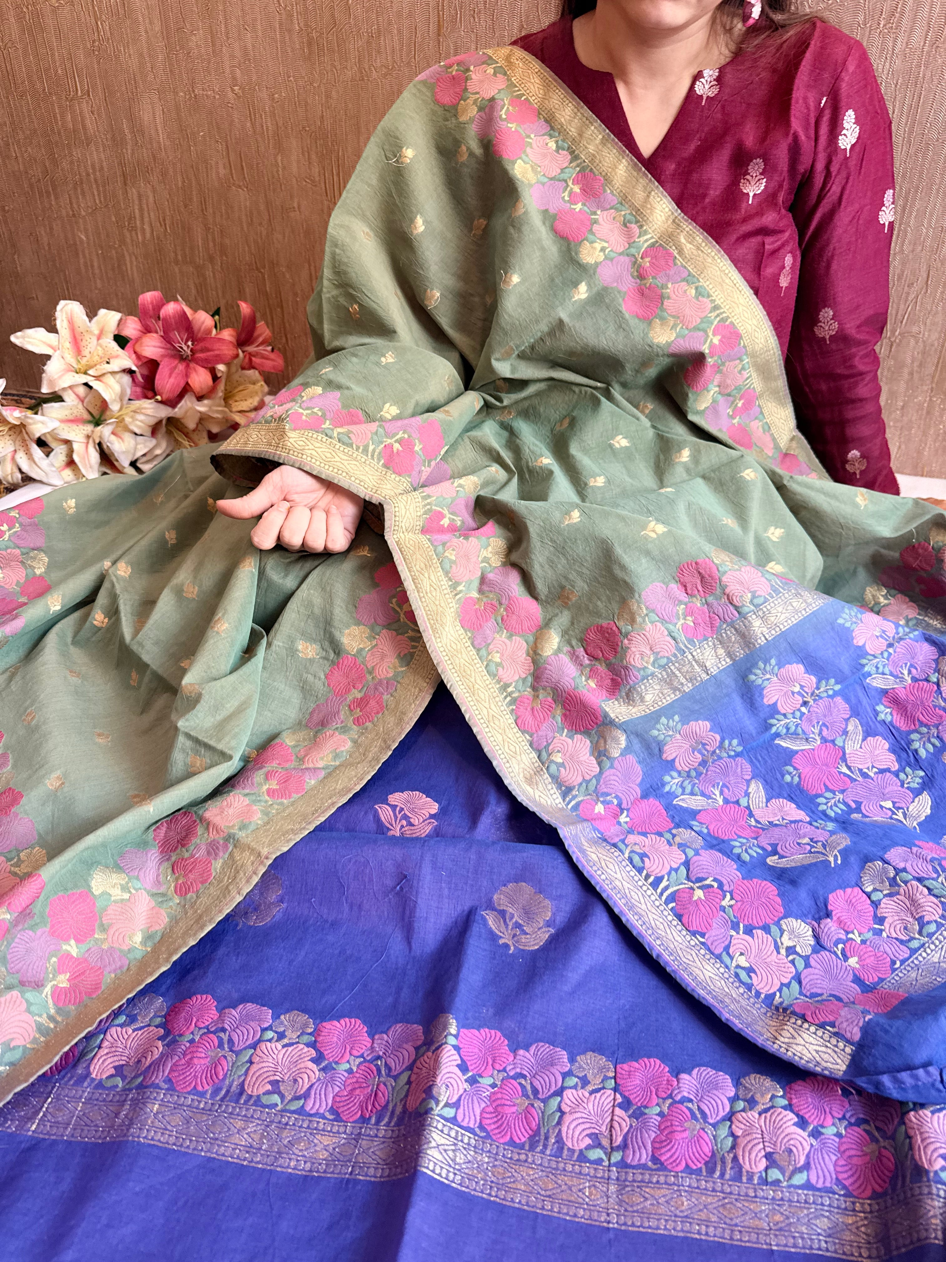 Mul cotton banarasi kadhwa buti green - purplish blue suit set
