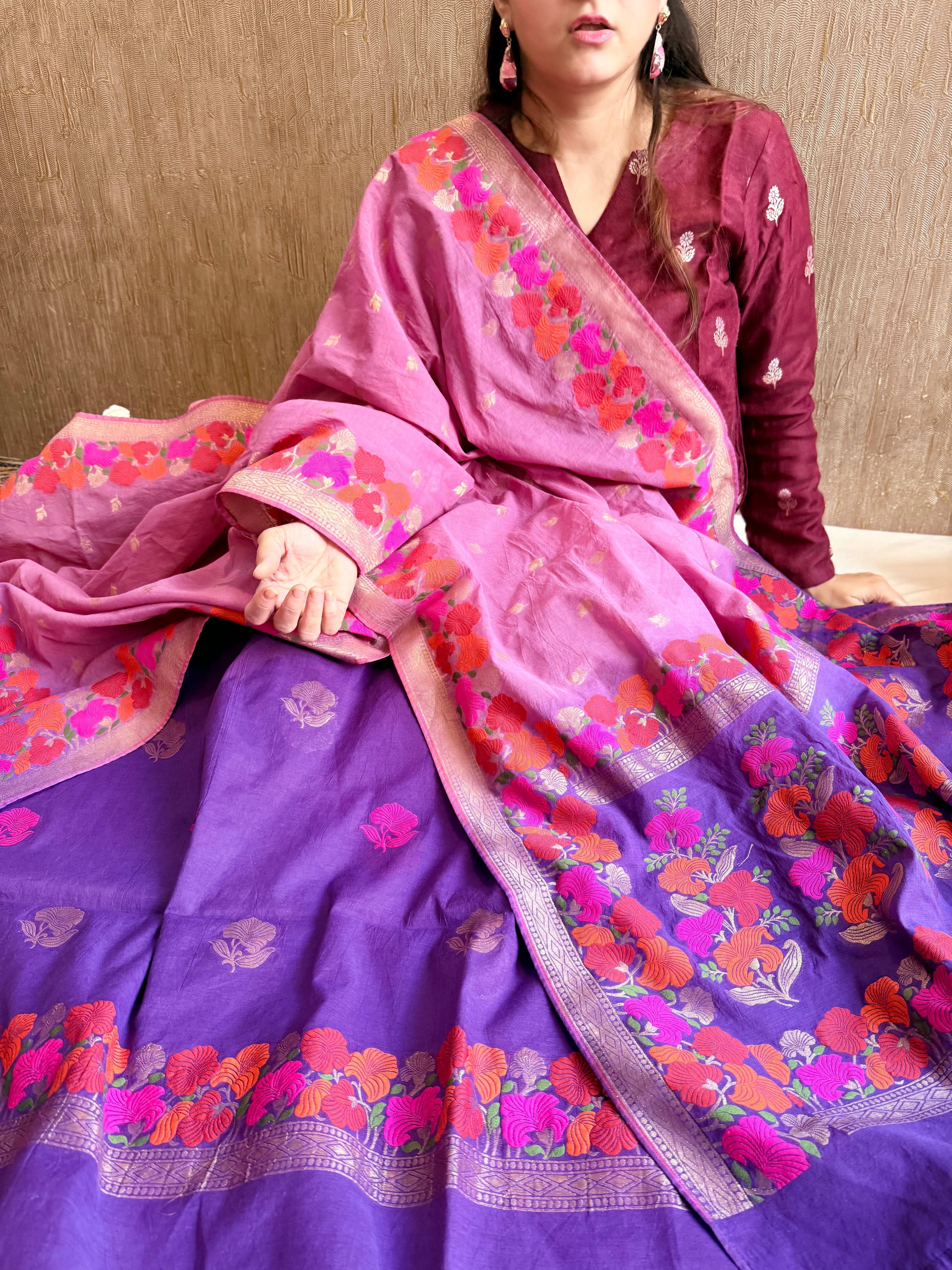 Mul cotton banarasi kadhwa buti purple - lavender suit set