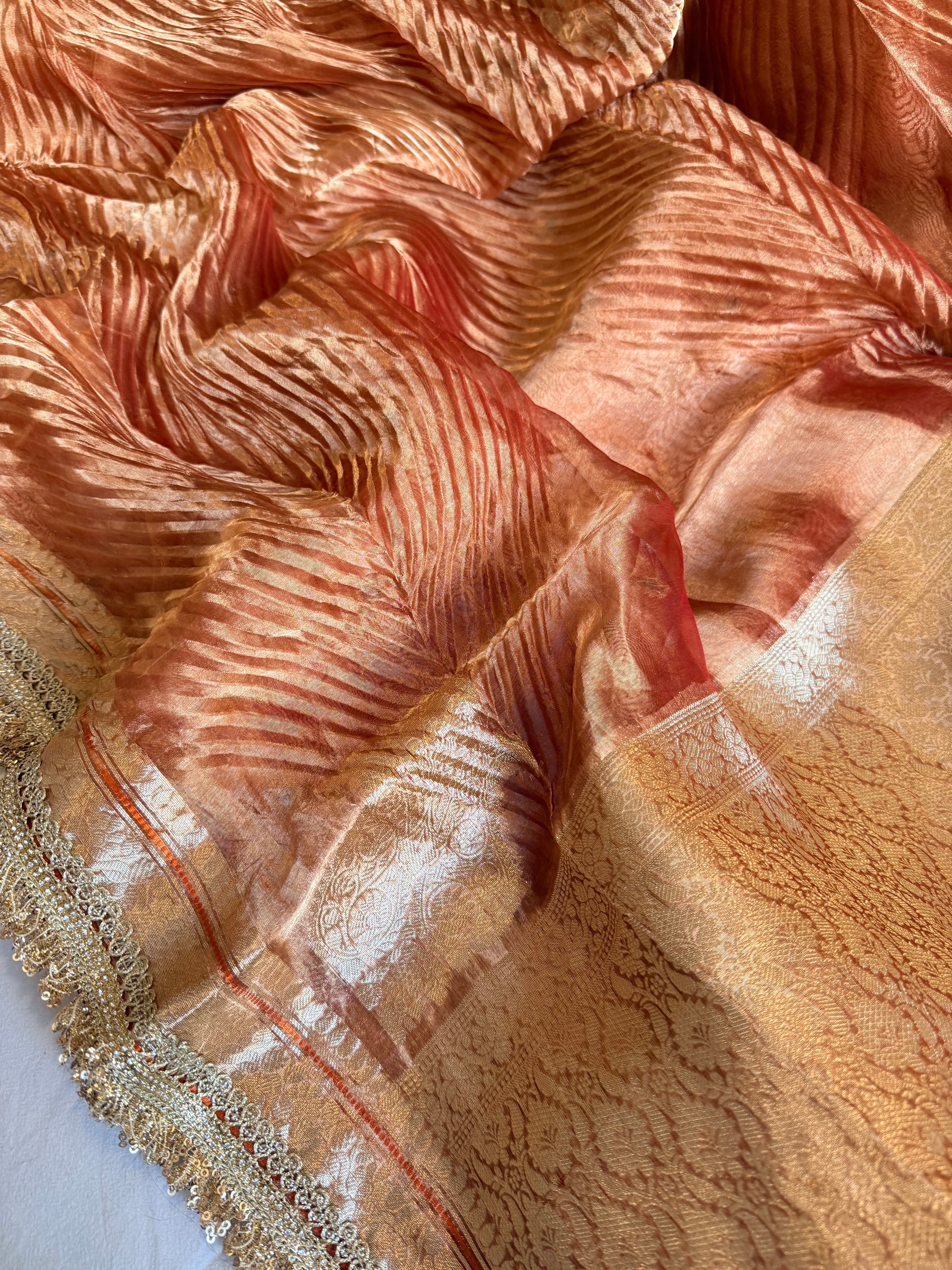 Rust red tissue silk arshi dyed mirrorwork hand embroidered kadhwa saree