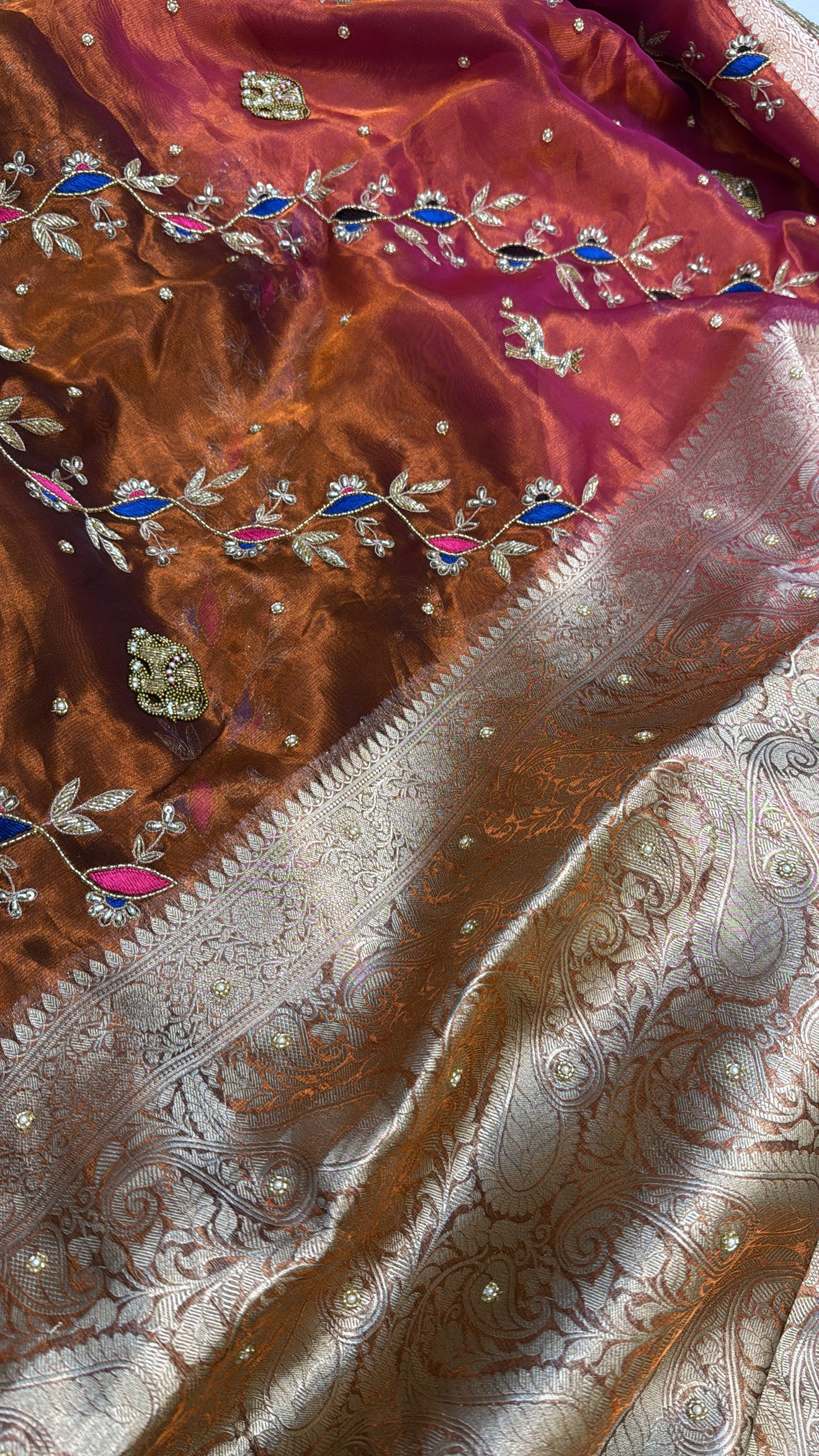 Bronze brown - pink ombre shaded elephant motif hand embroidered tissue silk saree