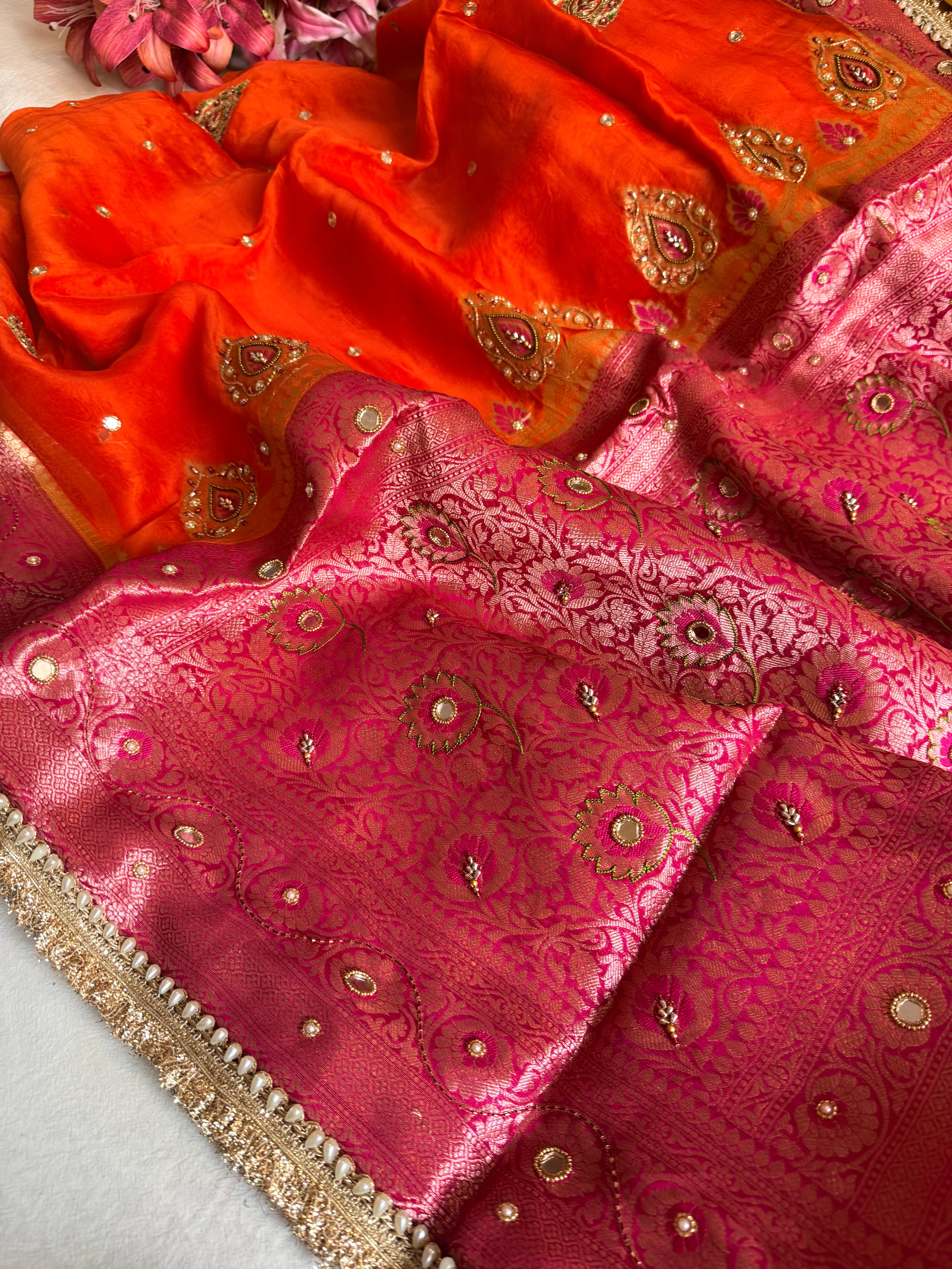 Husn ganga jamuna contrast border kora silk hand embroidered saree