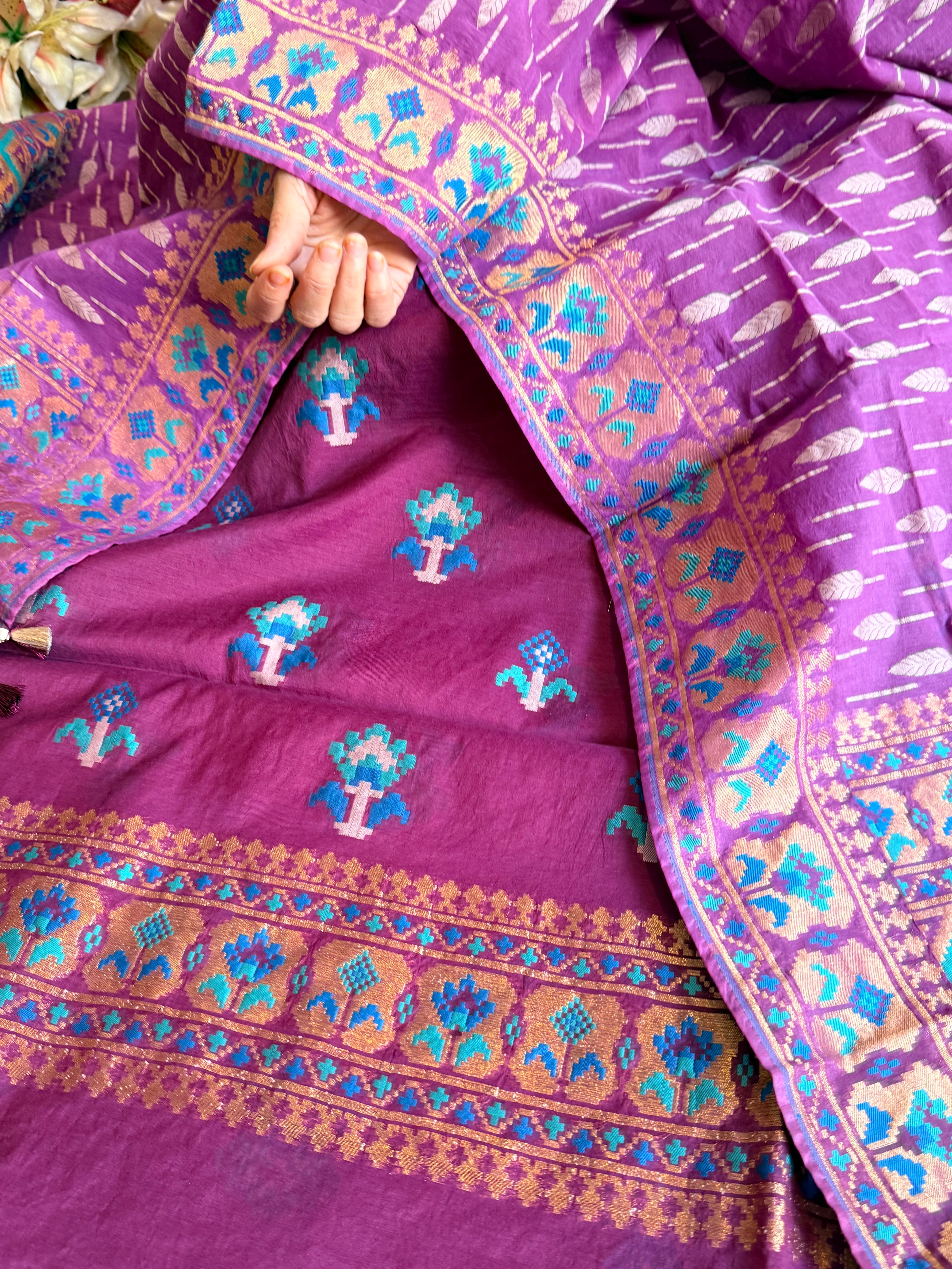 Mul cotton banarasi kadhwa buti plum purple suit set