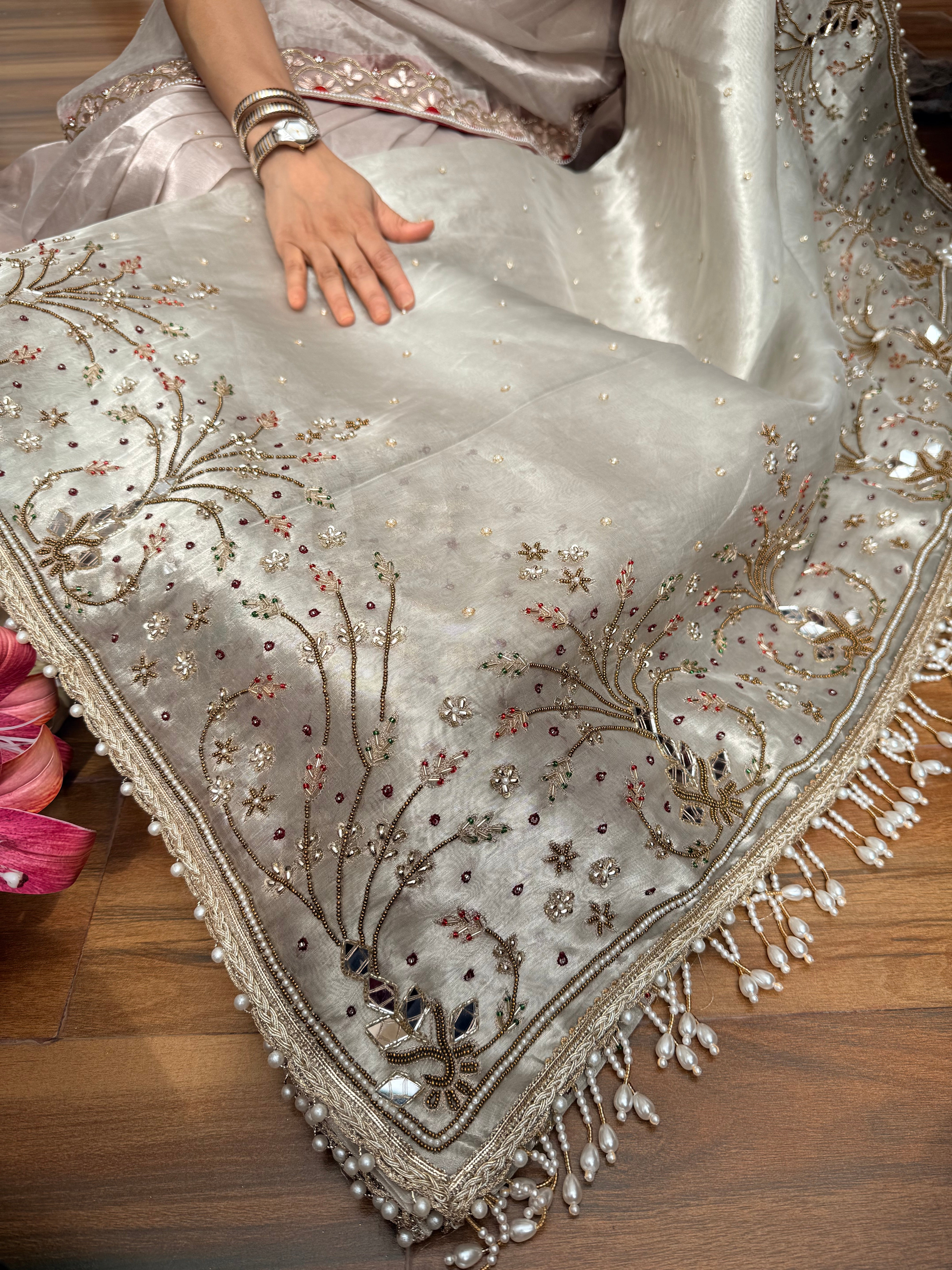 Tyohaar edit - Diamond tissue silk mirror and zardozi work hand embroidered saree