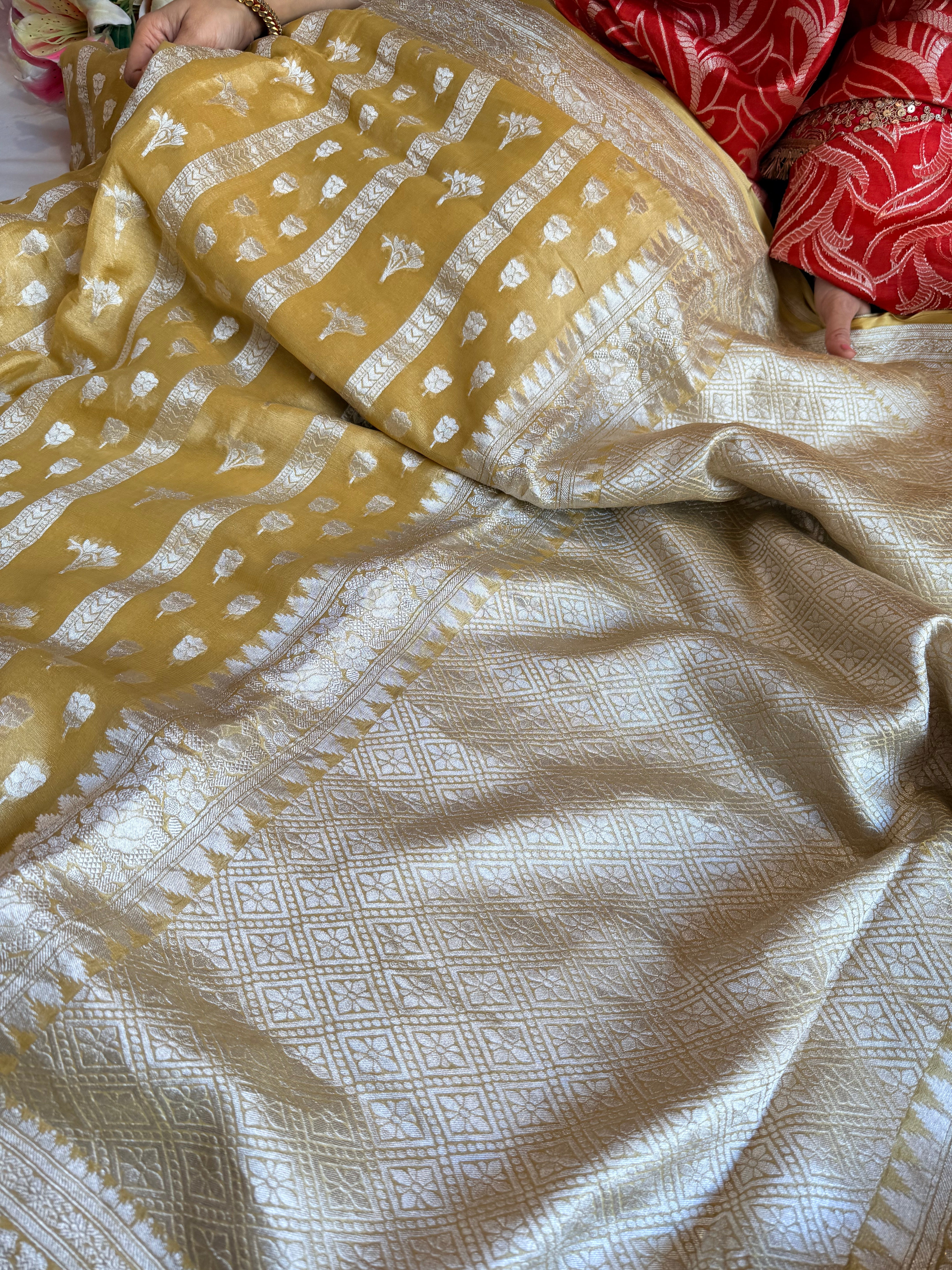 Chiffon olive tissue gorgette kadhwa soft silk saree