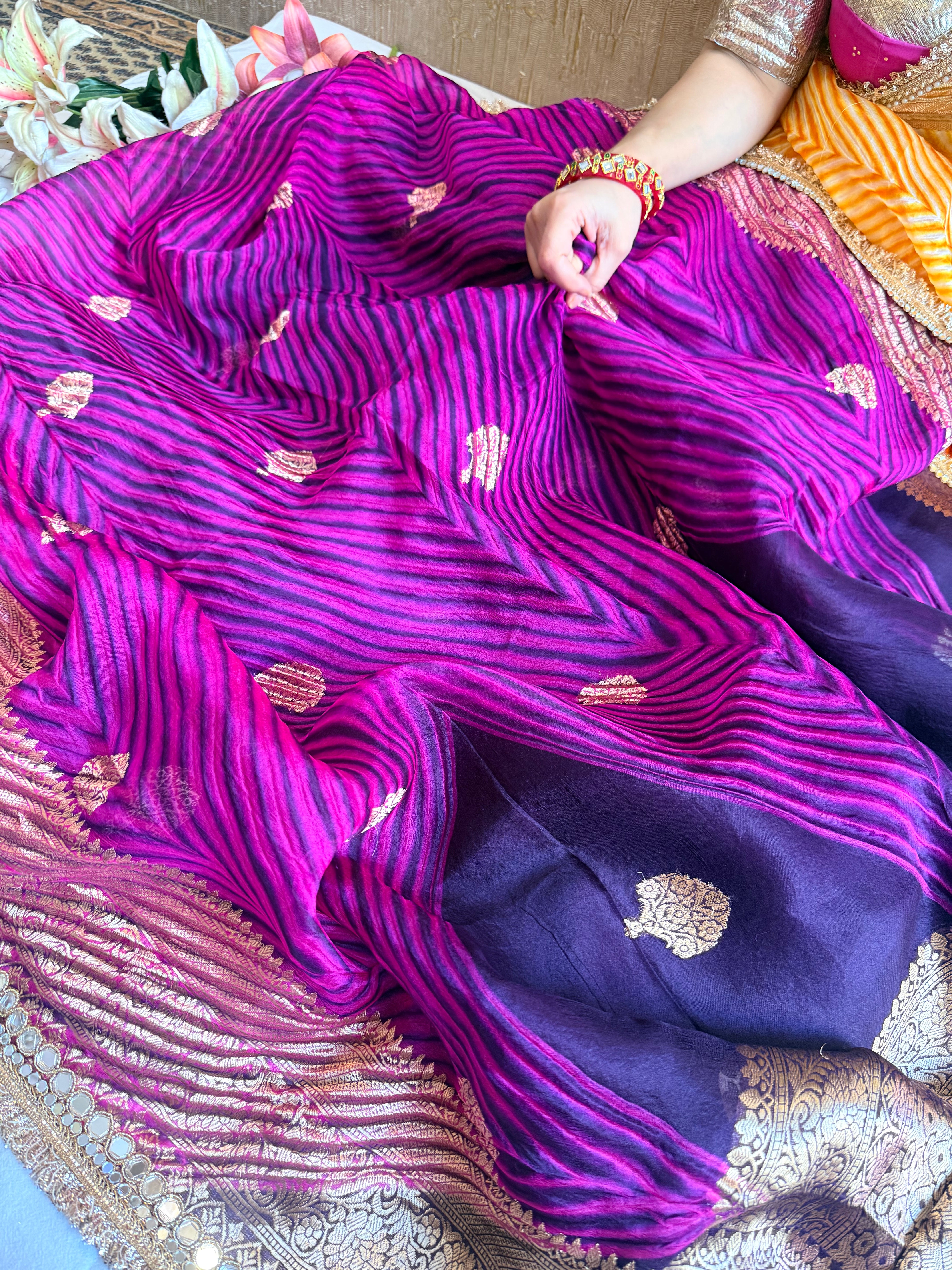 Jamuni gulab banarasi kora silk arshi dyed mirrorwork kadhwa saree