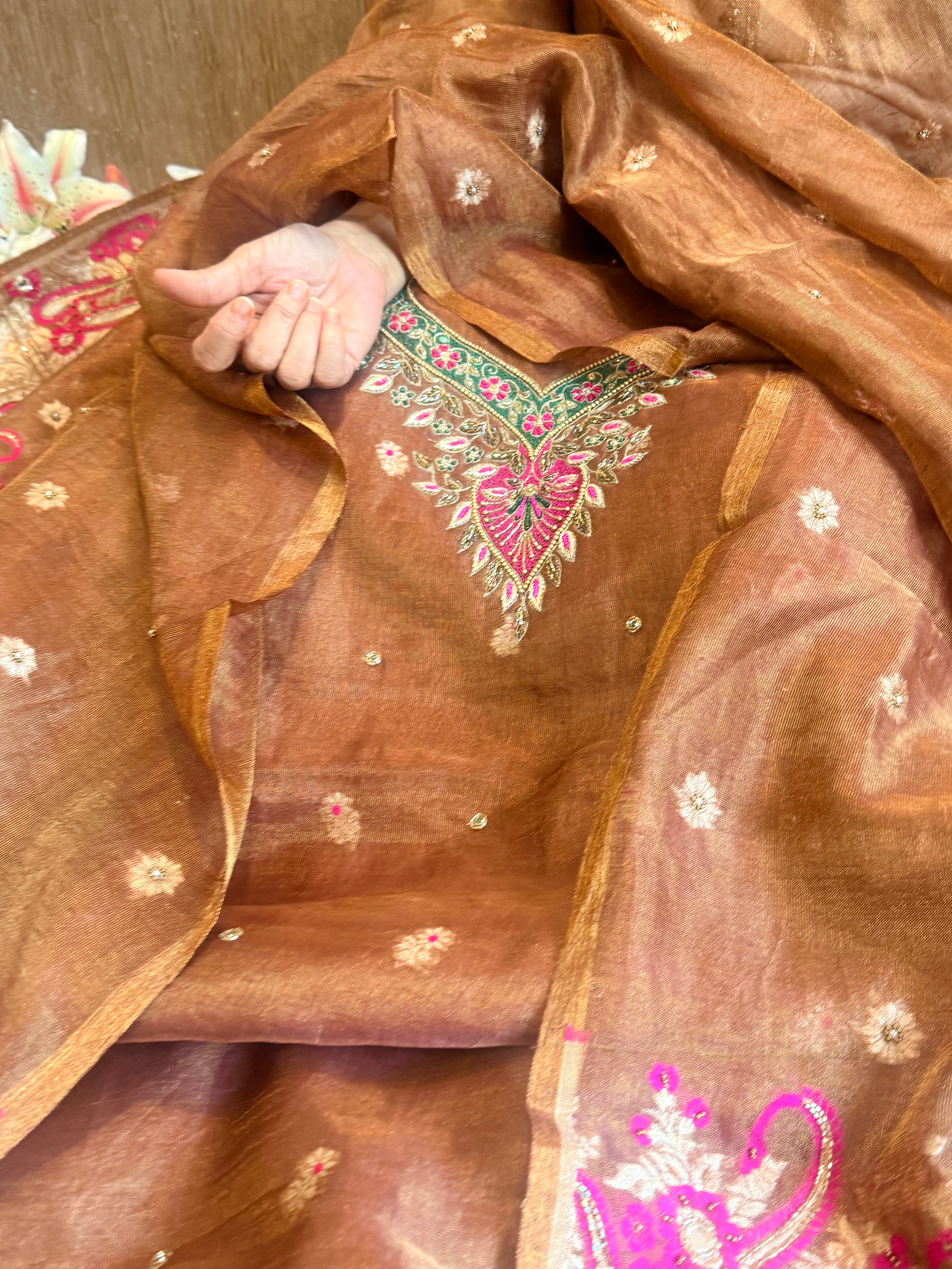 Choco brown mul tissue linen meenakari hand embroidered suit sets