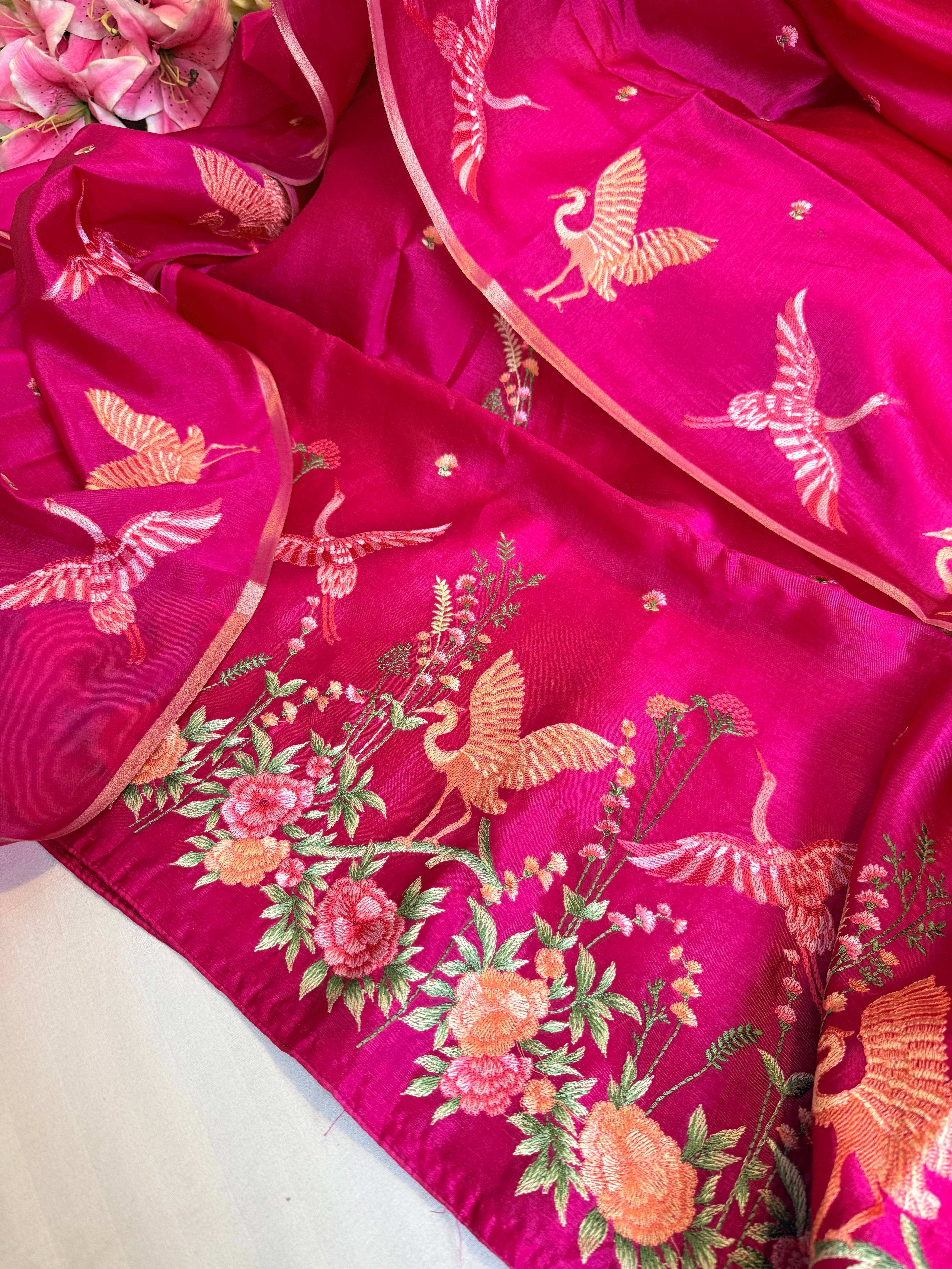 BELOW 8K - Parsi gara hot pink resham work banarasi chiniya silk kadhwa suit sets