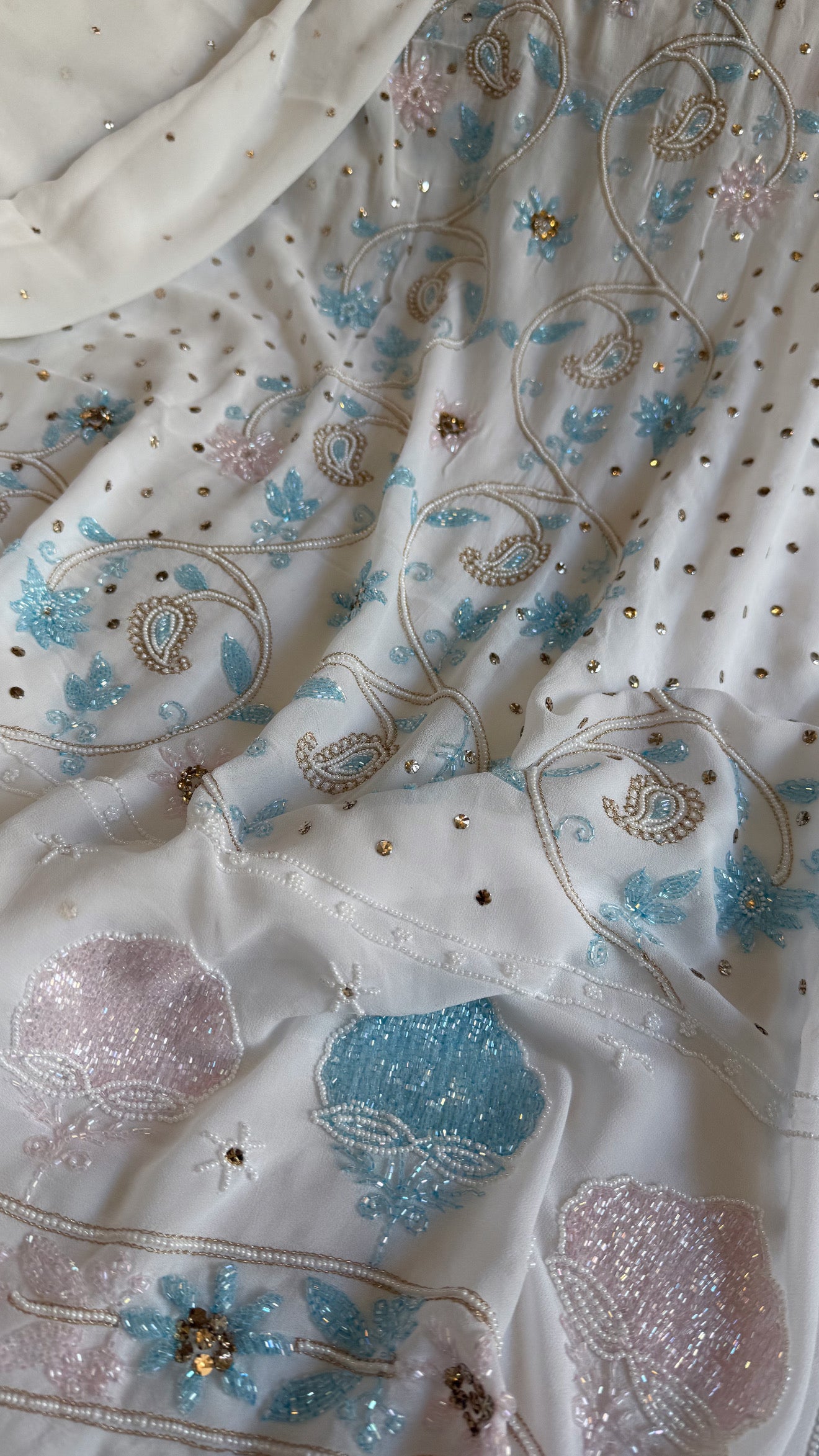 Banarasi gorgette mukaish and pearlwork hand embroidered kadhwa suits