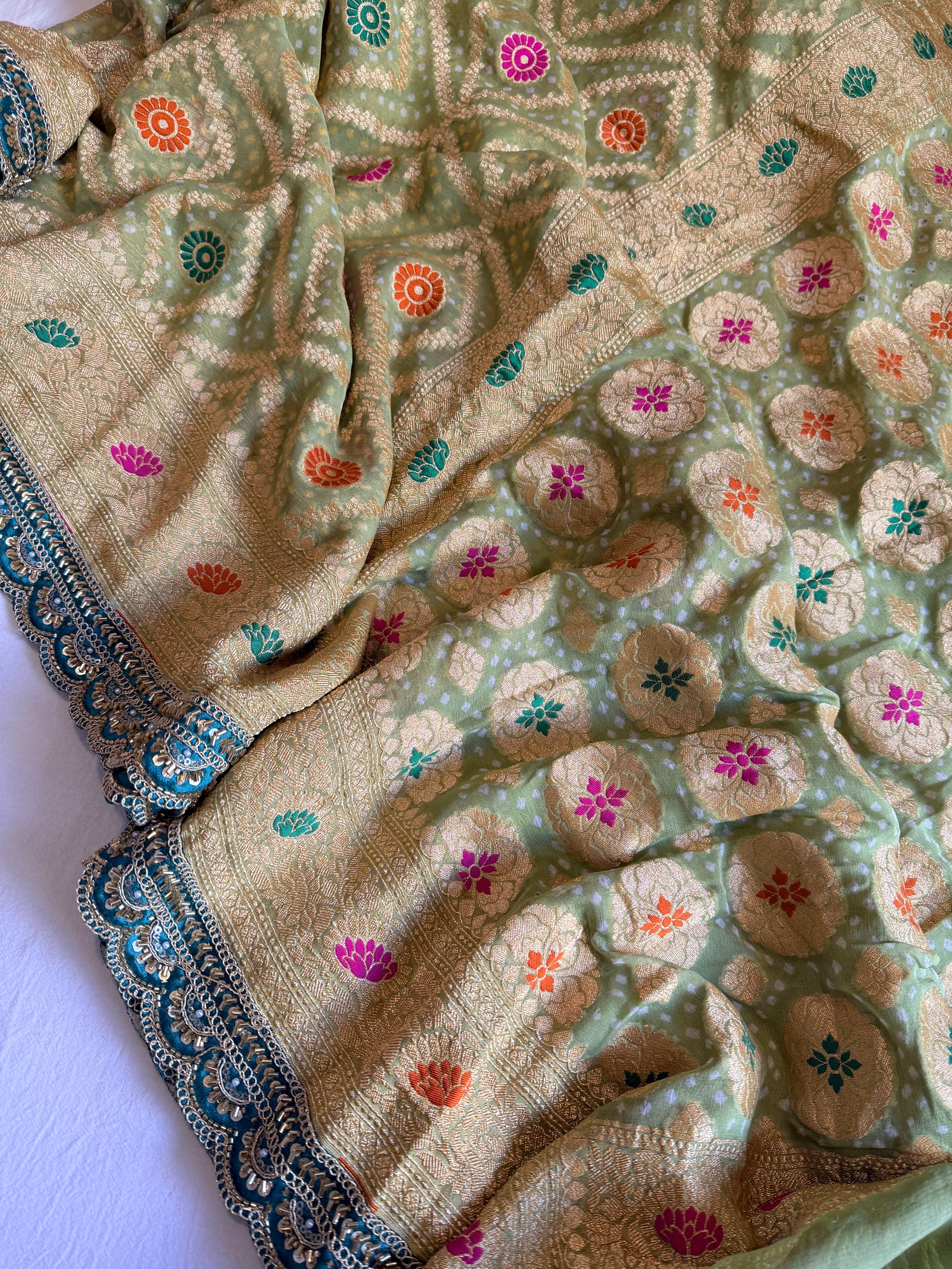 Banarasi blush shades of chiffon rai bandhej mirror work gotapatti saree