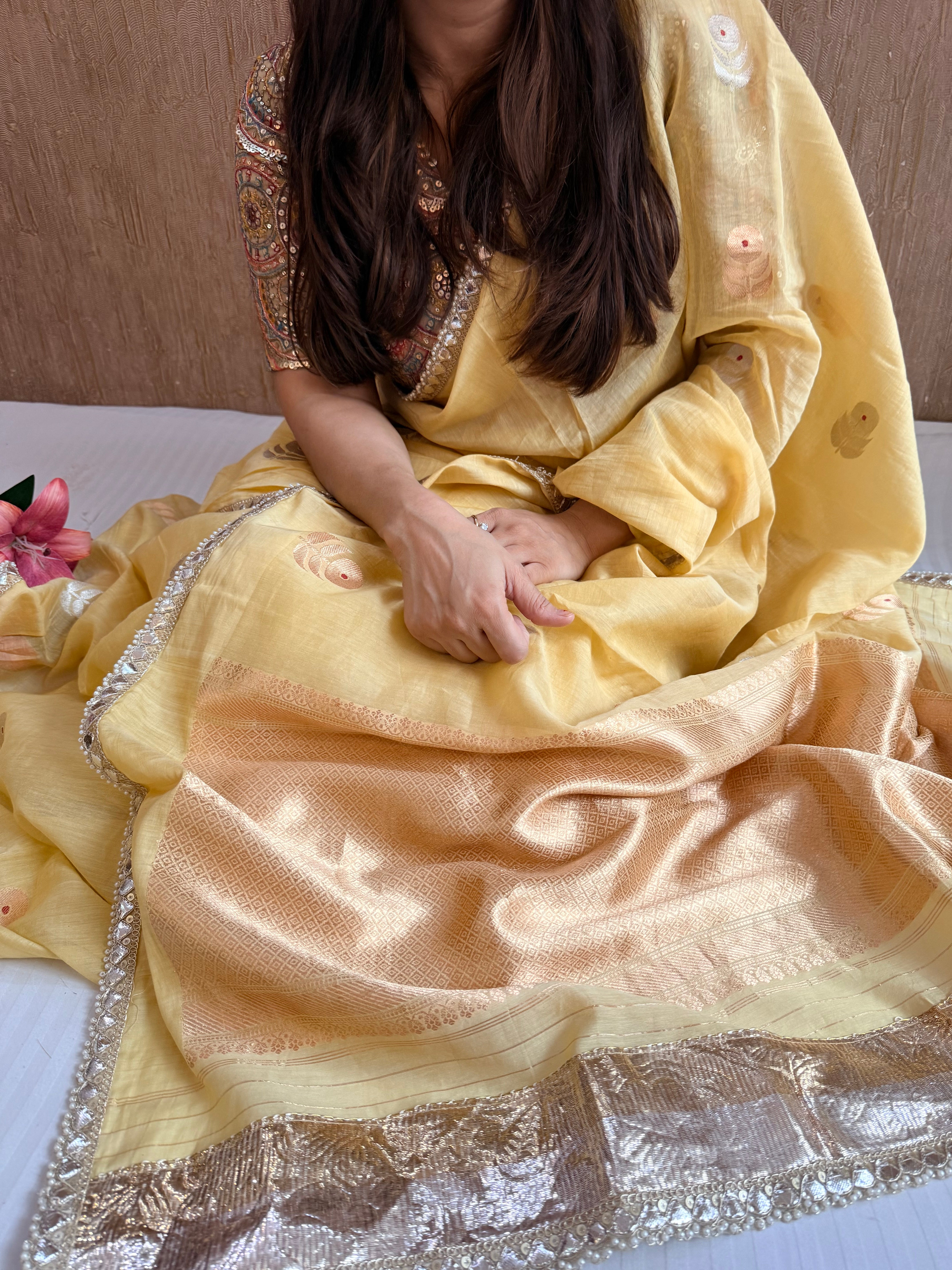 Banarasi mulmul cotton silk saree with lampi gota border
