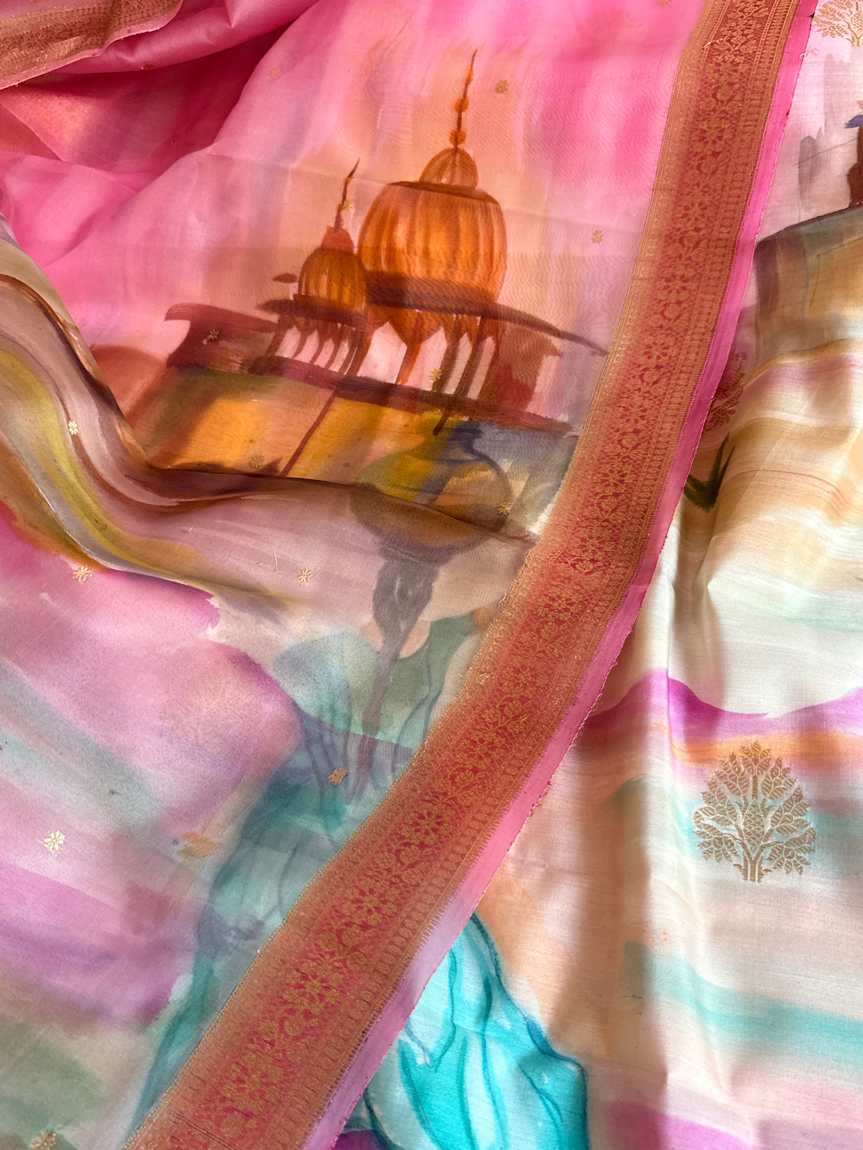 Banarasi kora silk handpainted ghatwork kadhwa buti rainbow dye suits