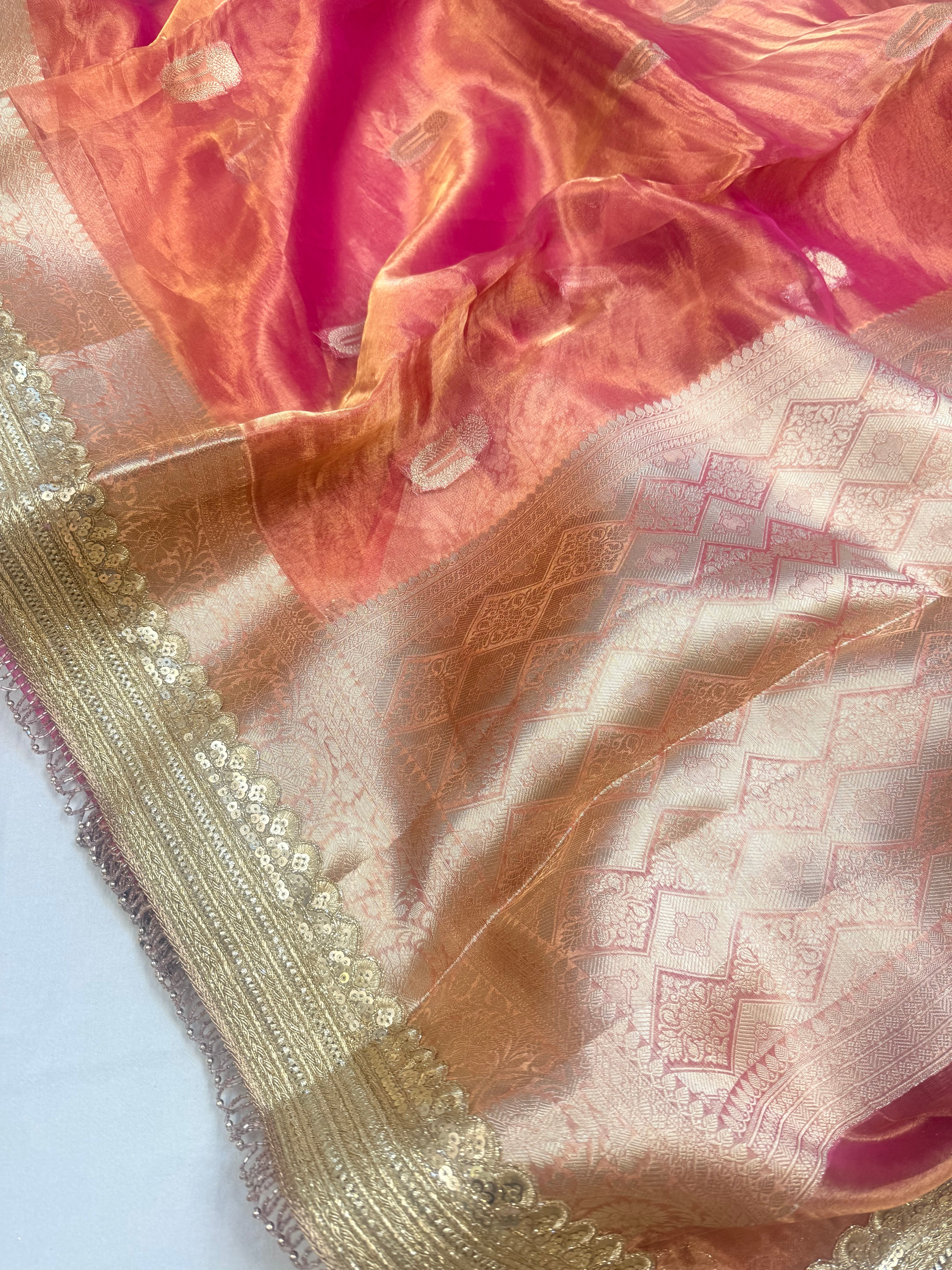 Hot pink tissue silk kadhwa buti gotapatti saree