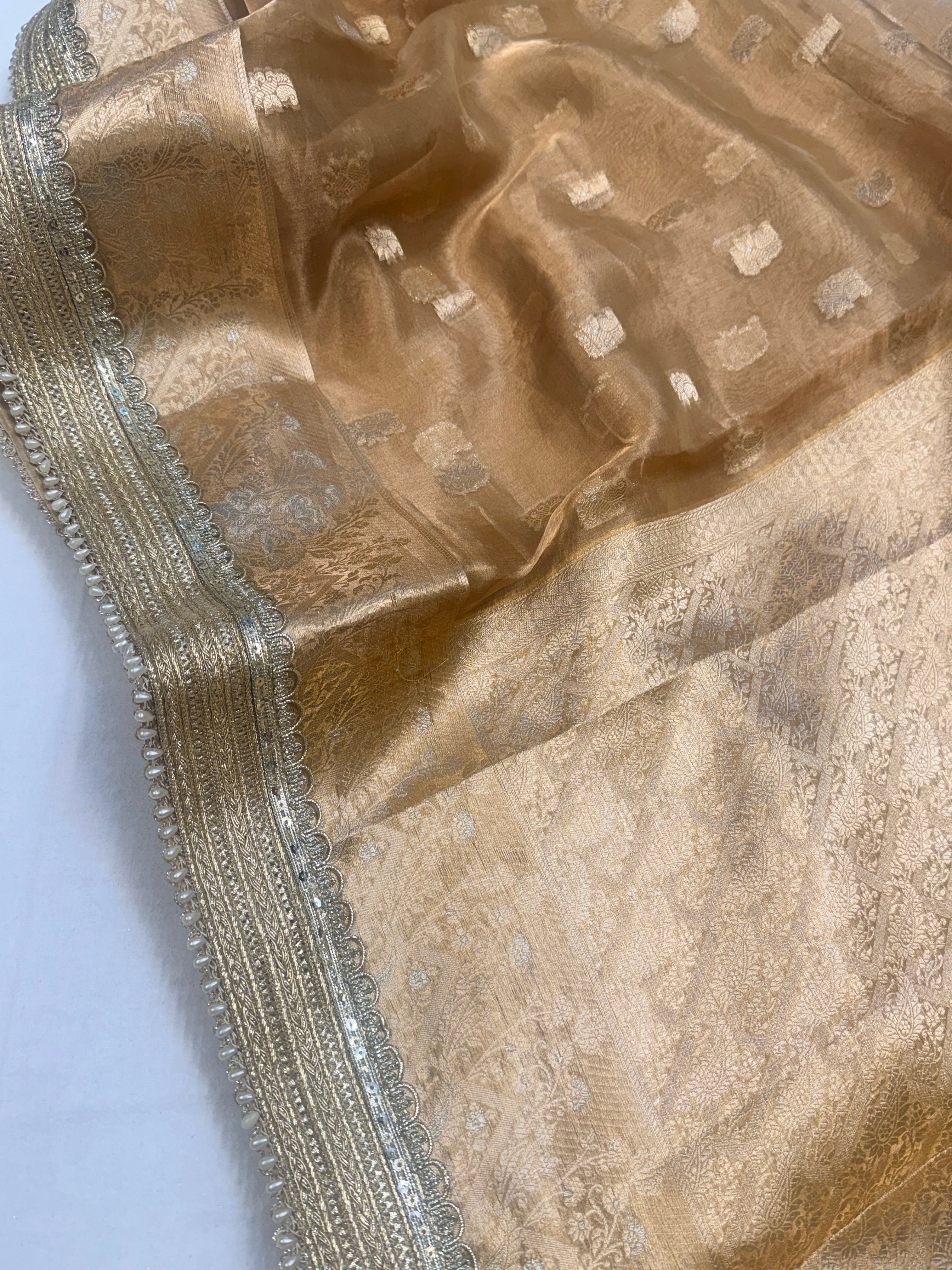 Champagne gold tissue silk kadhwa buti gotapatti saree