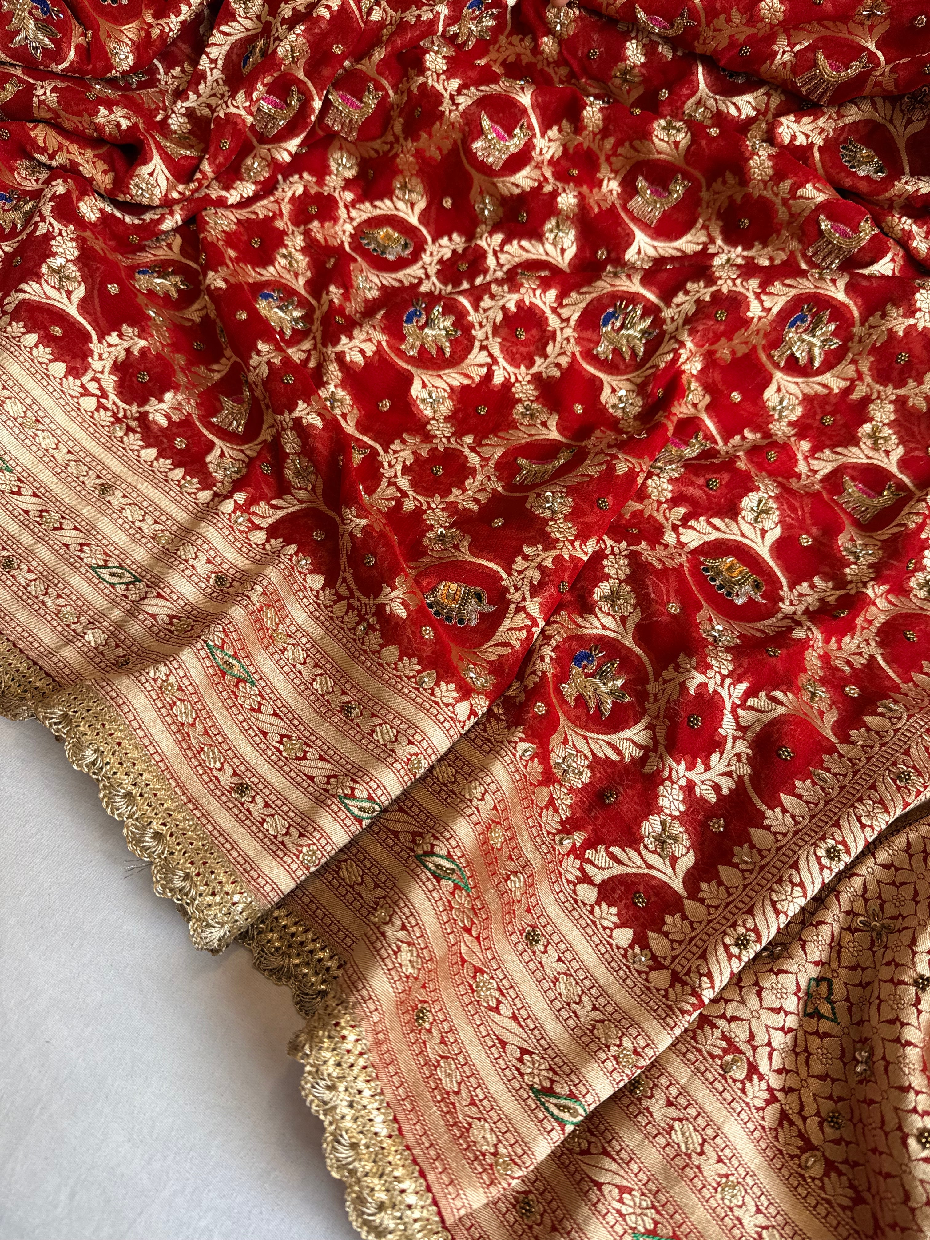 Bridal red chiffon gorgette jaal work hand embroidered kadhwa saree