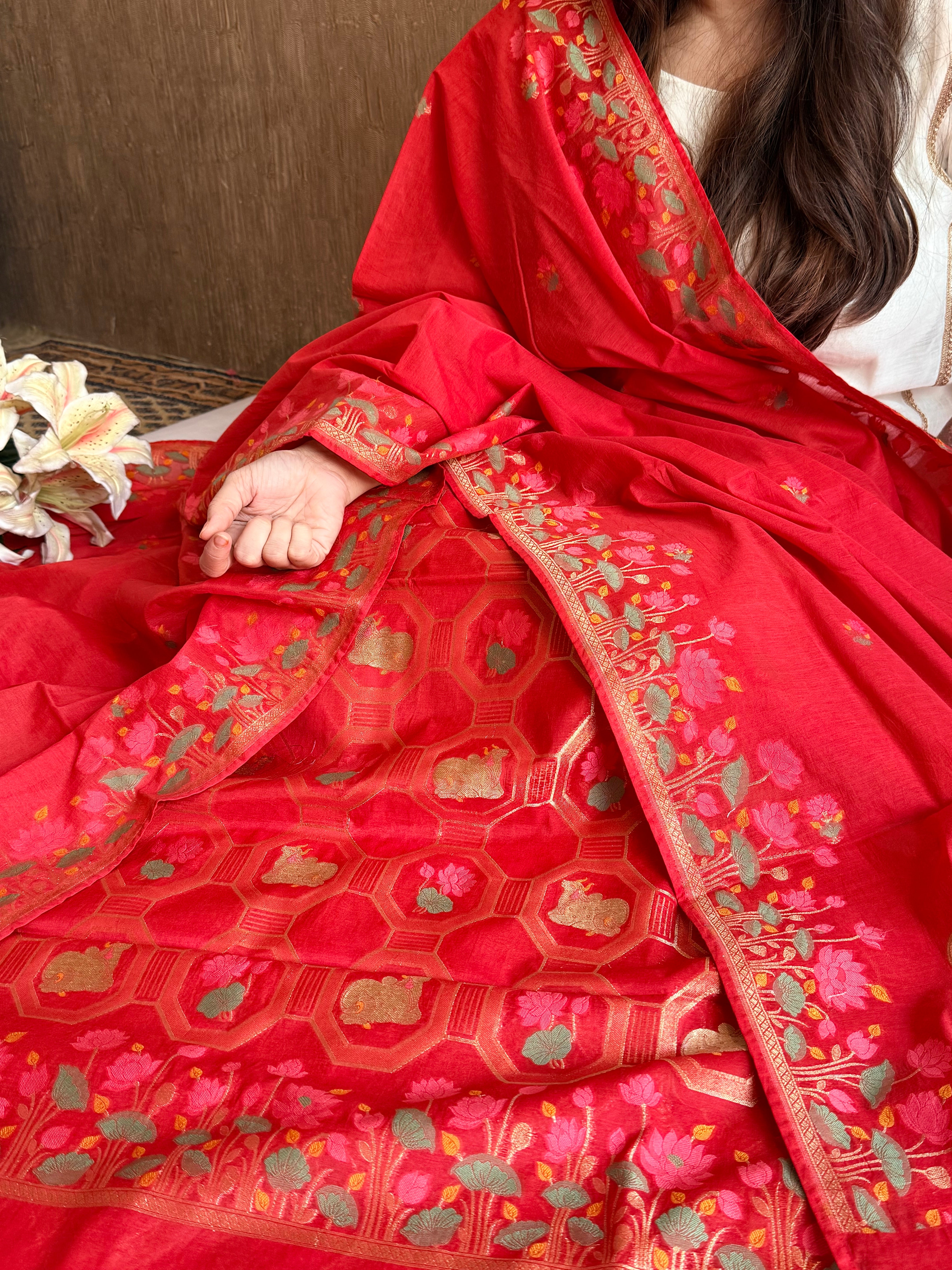 Mul cotton banarasi meenakari nandu motif suit sets
