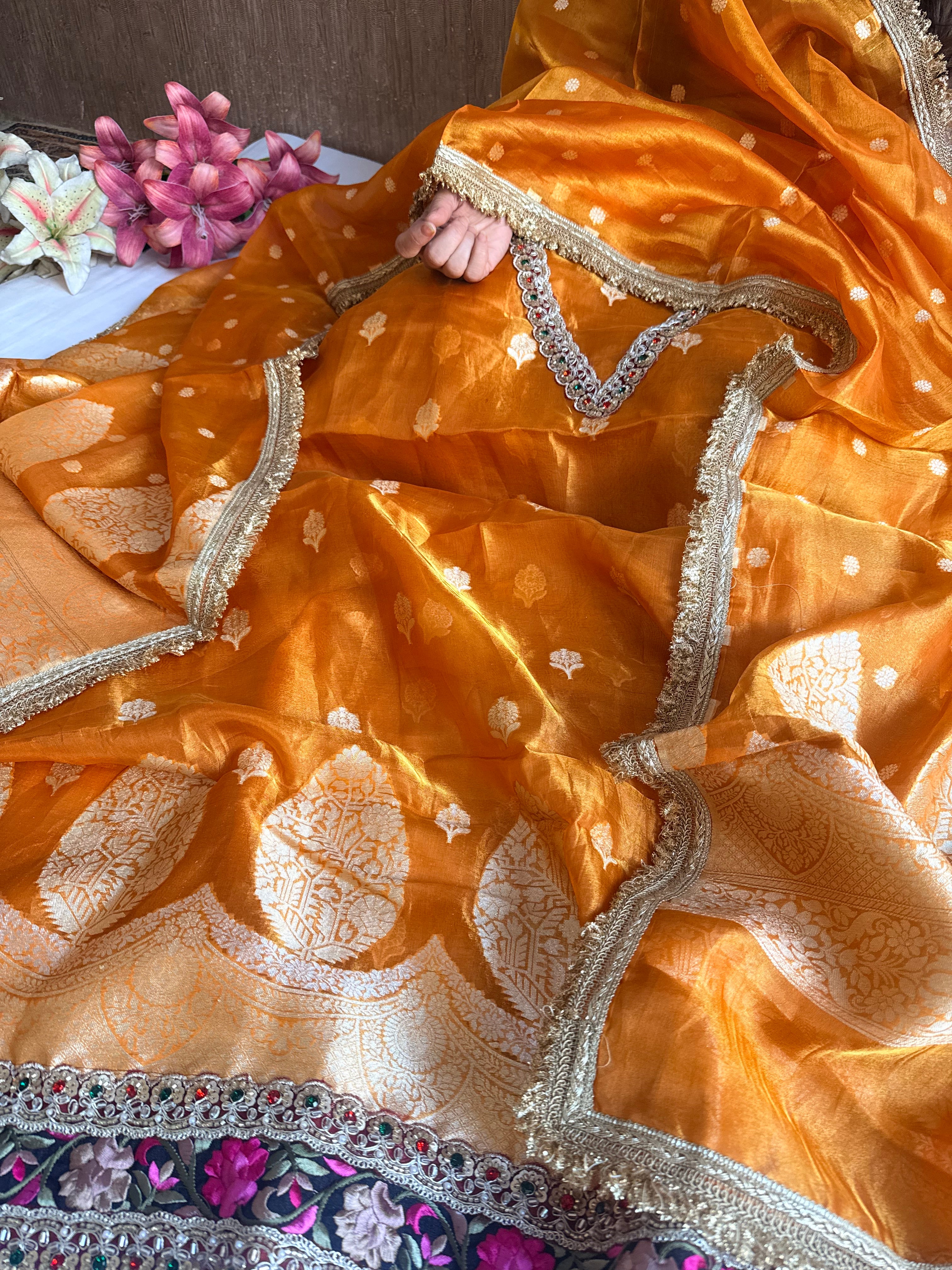 Navratna orange- yellow tissue silk kadhwa buti hand embroidered suit sets