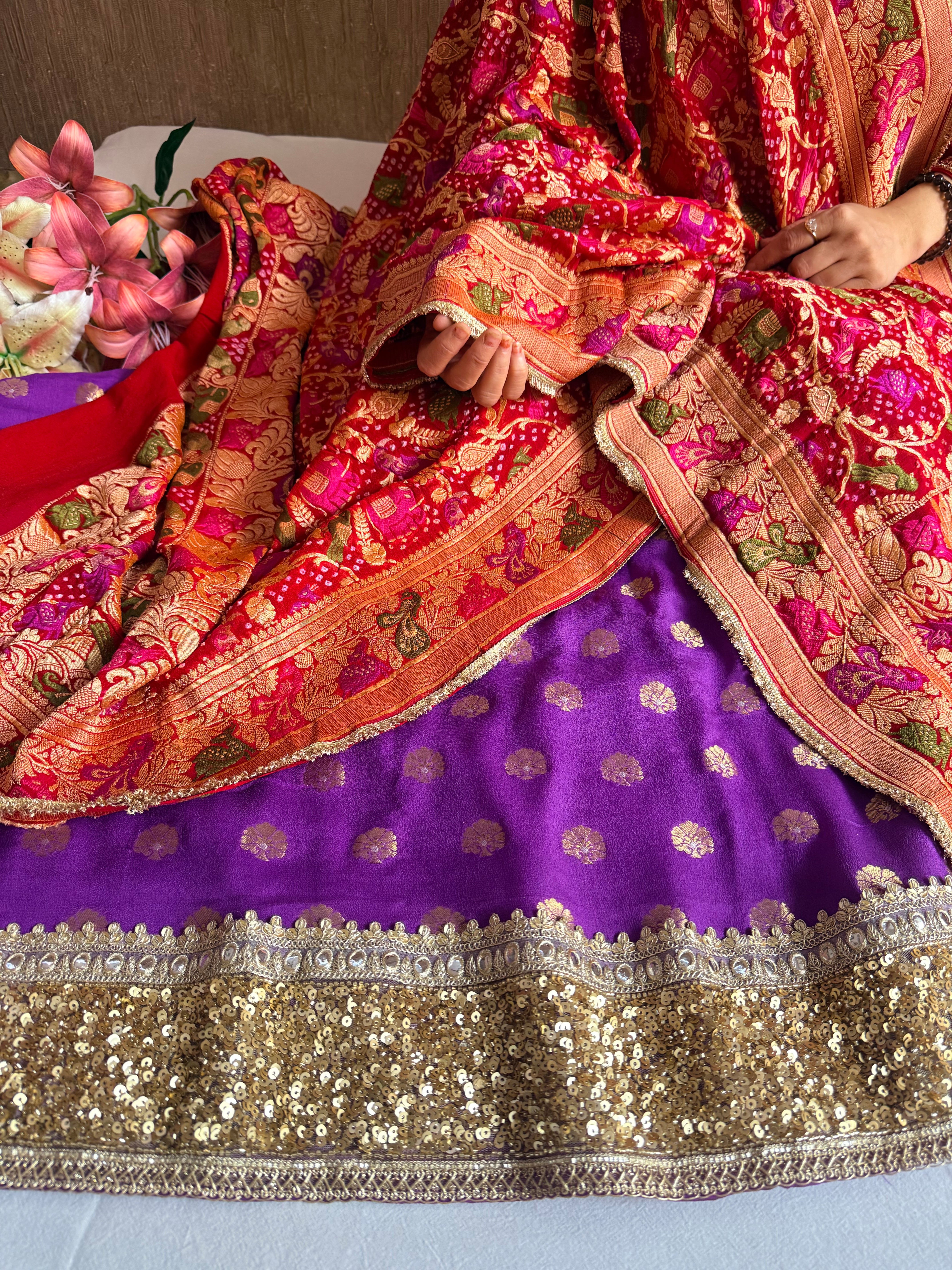 Rai bandhej chiffon gorgette sequin work hand embroidered suit set