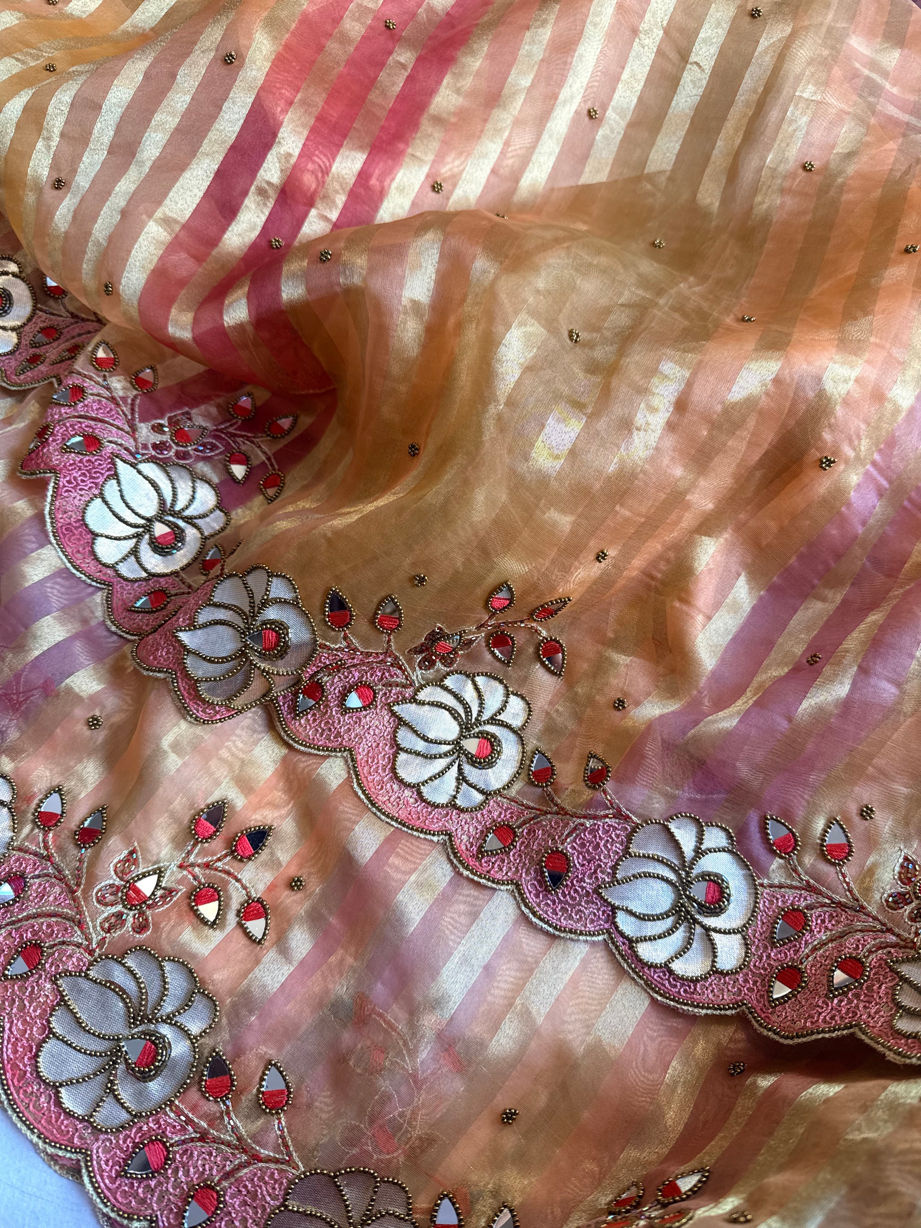 Phool wali rangeen tissue silk striped rangkaat hand embroidered saree