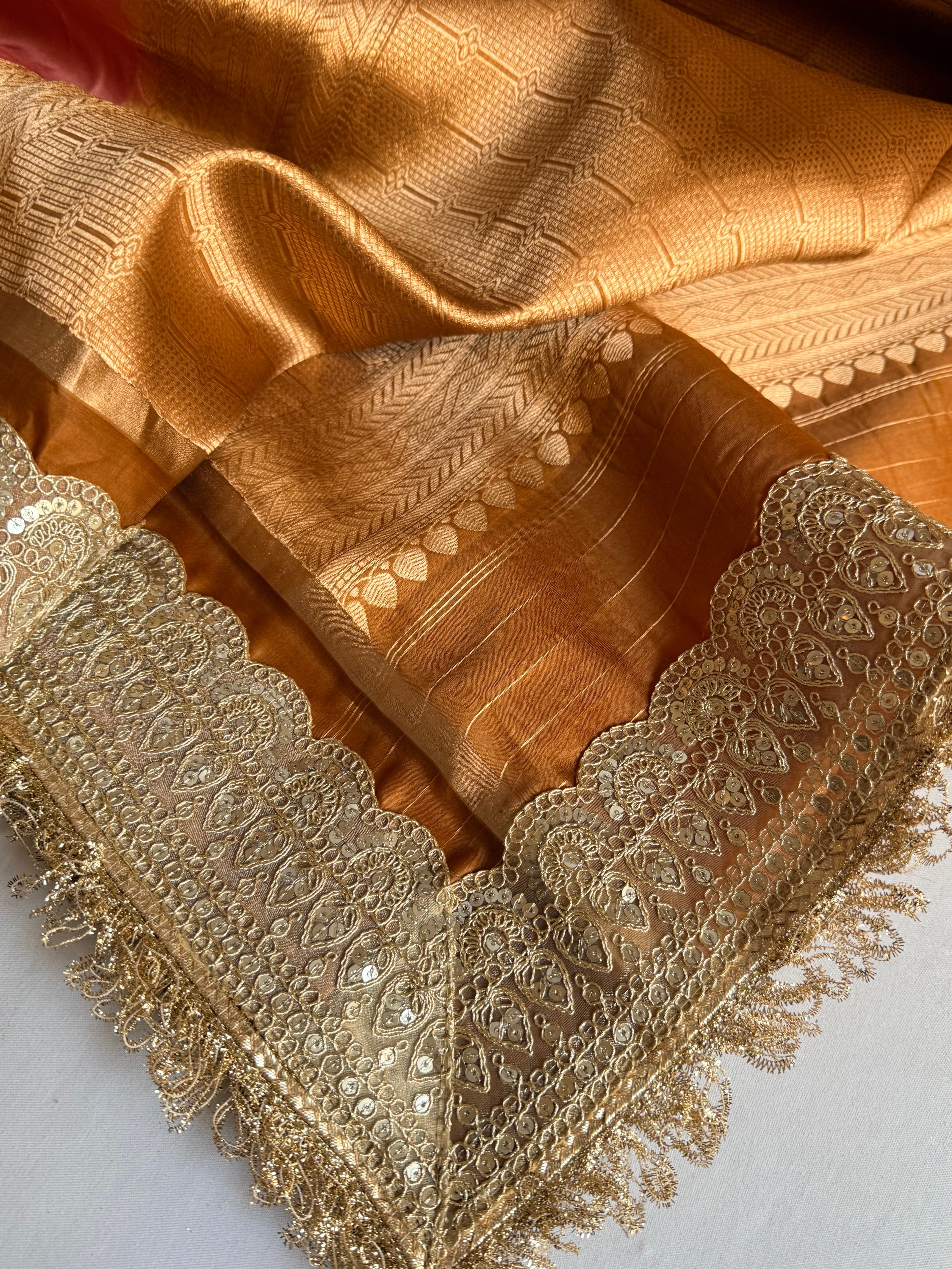 Banarasi leela brick peach-orange kora silk kadhwa saree