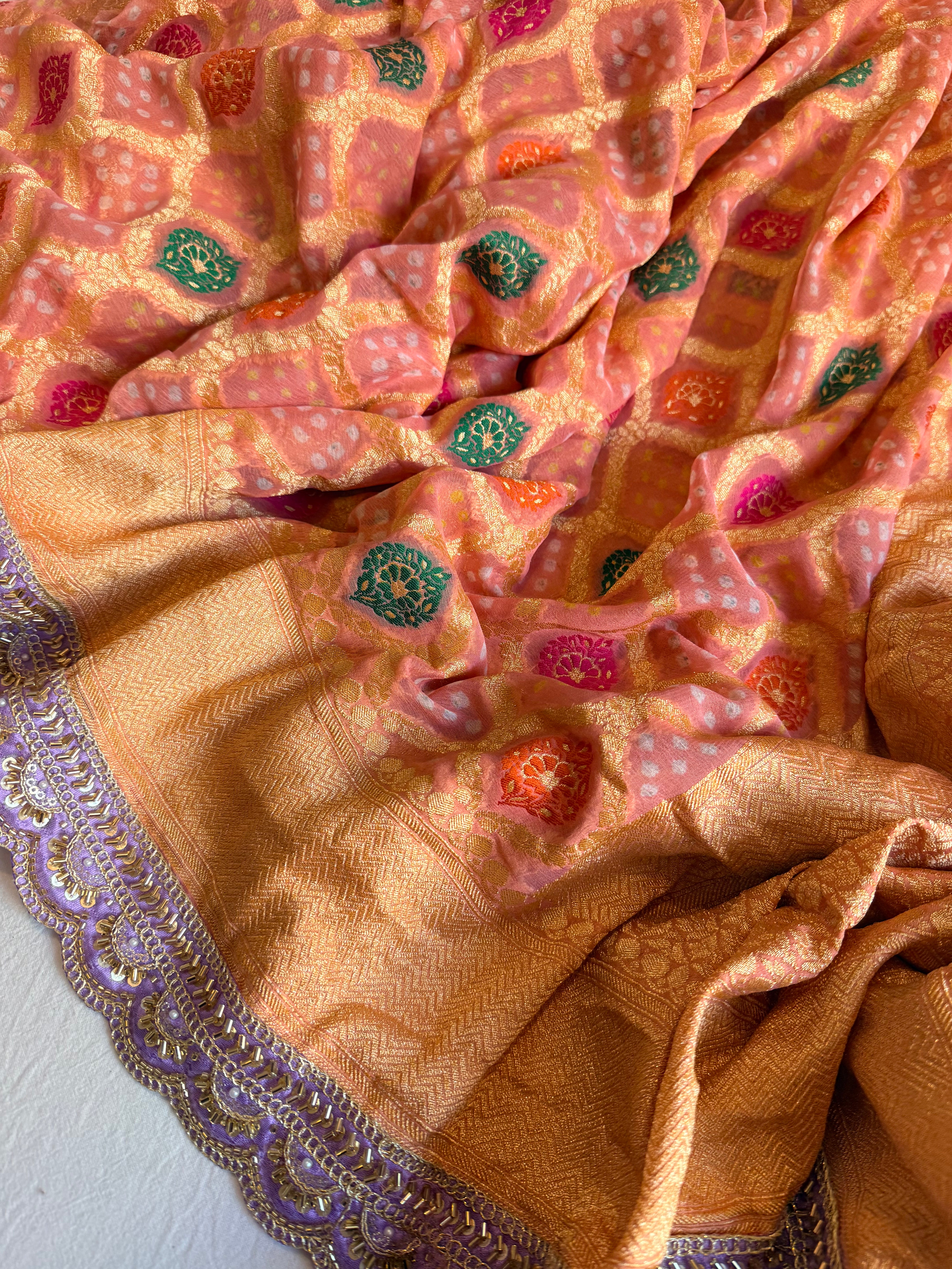 Banarasi blush shades of chiffon rai bandhej mirror work gotapatti saree
