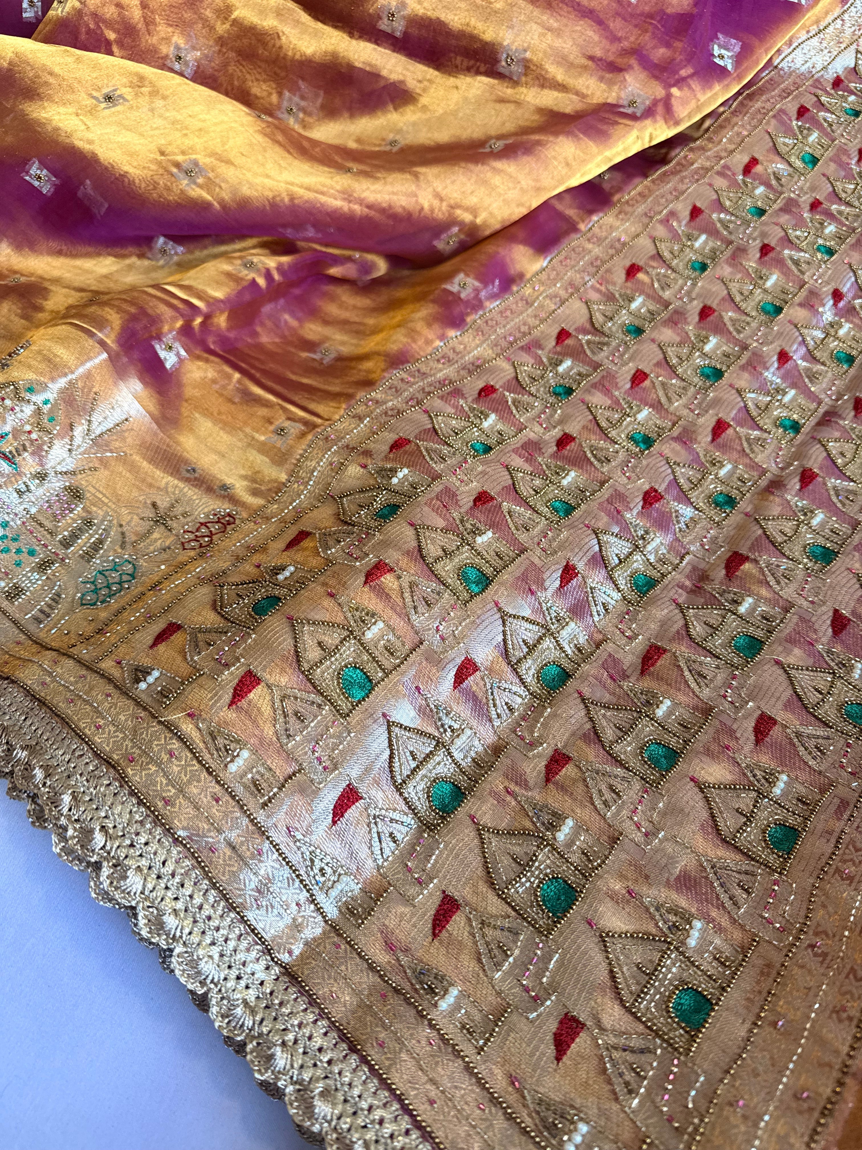 Ganga-darshan edit - Tissue silk kanjivaram purple hand embroidered kadhwa saree