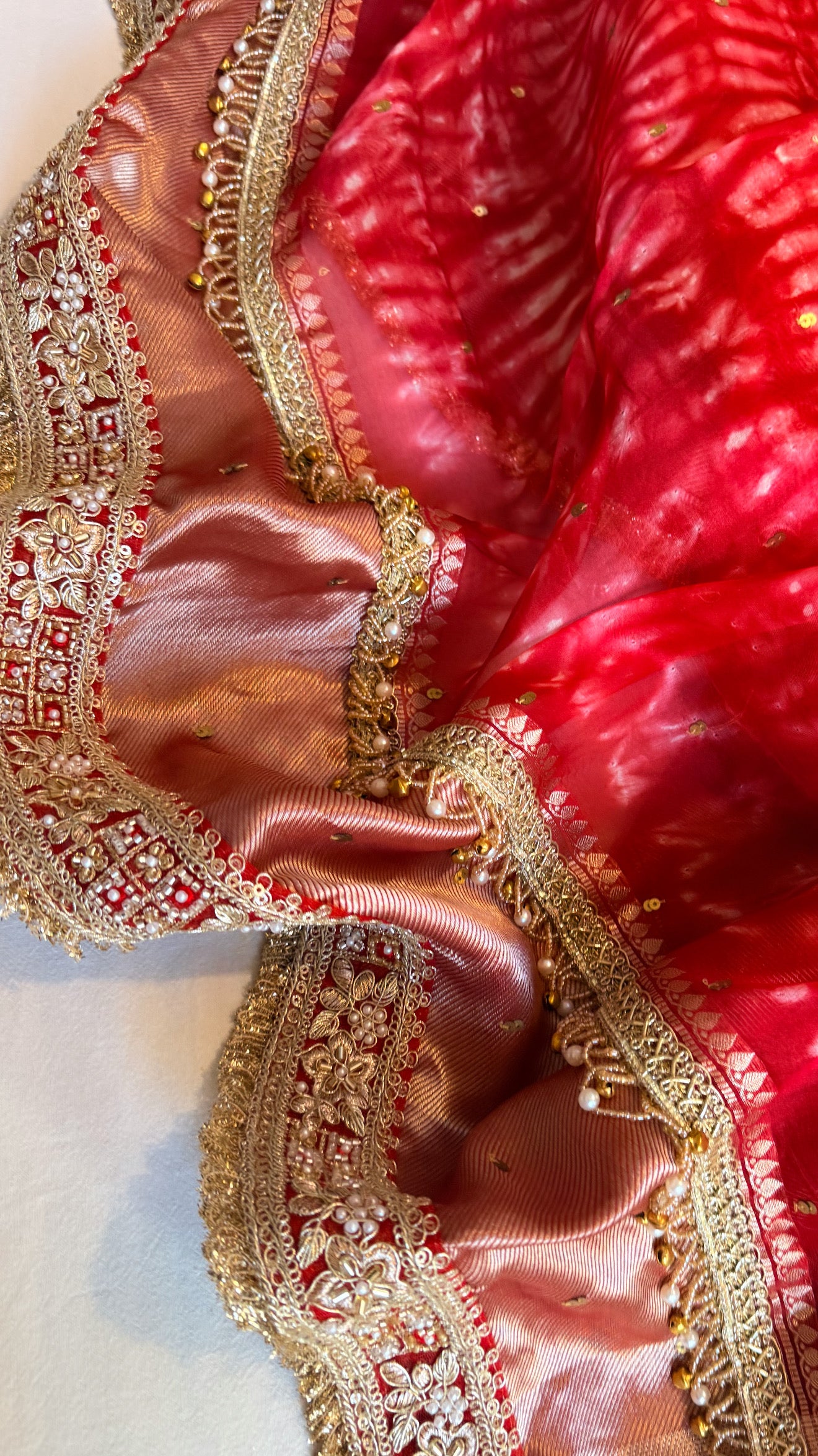 Chan Chan ghungroo blood red work kora silk leheriya dye kadhwa saree