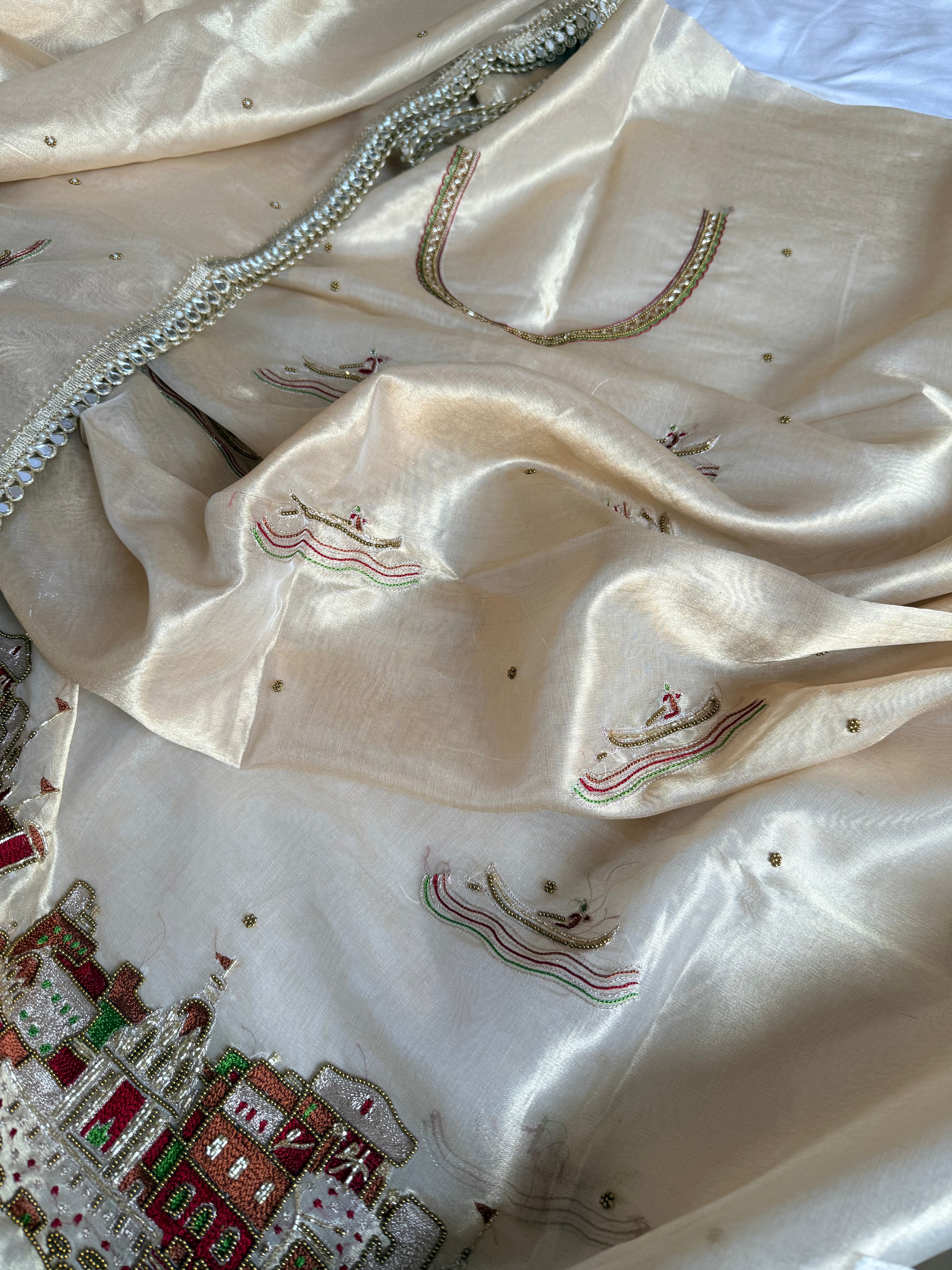 Gangaghat molten gold tissue silk hand embroidered suit set