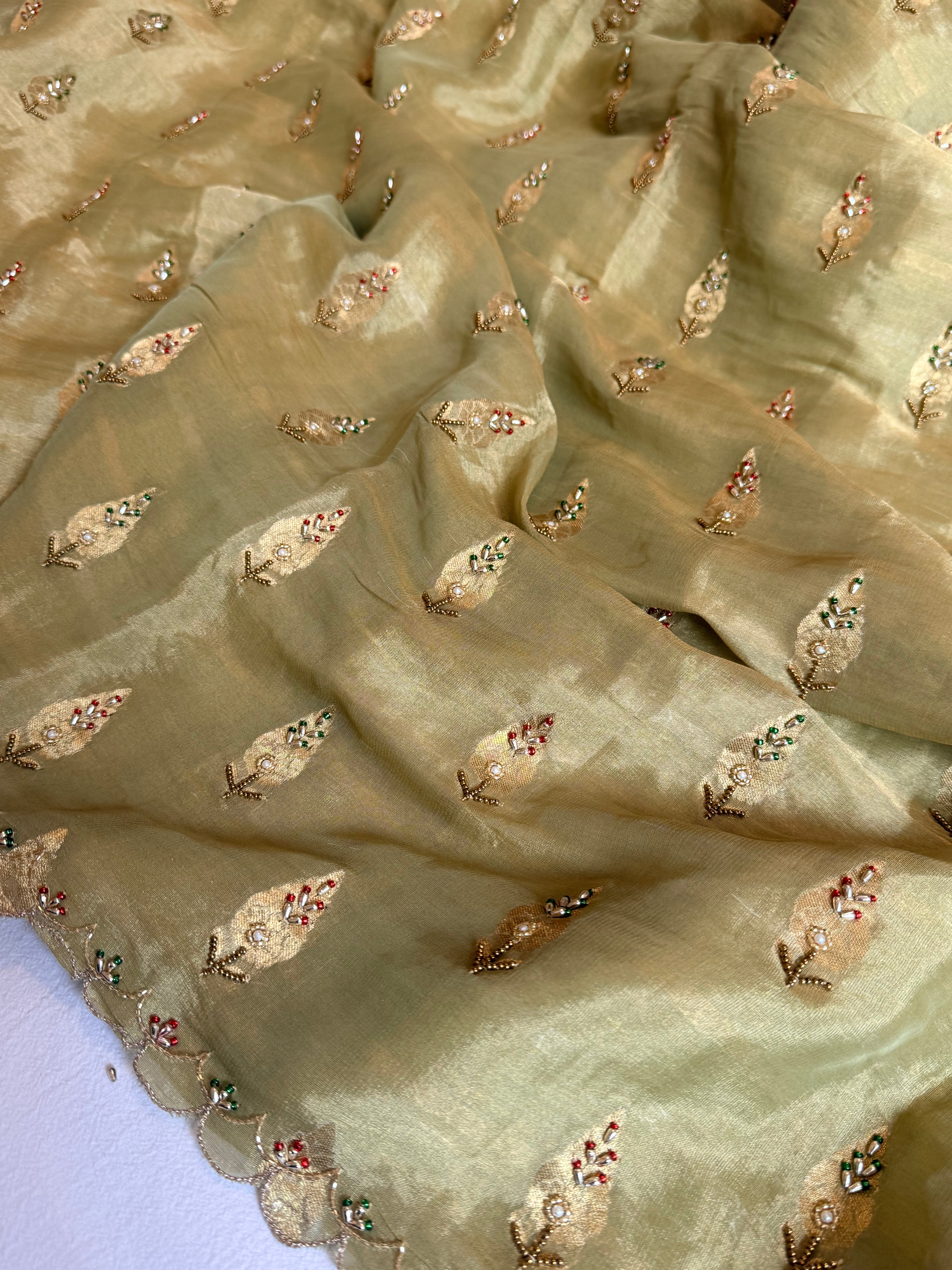 Chiffon tissue gorgette chunri buti hand embroidered kadhwa saree