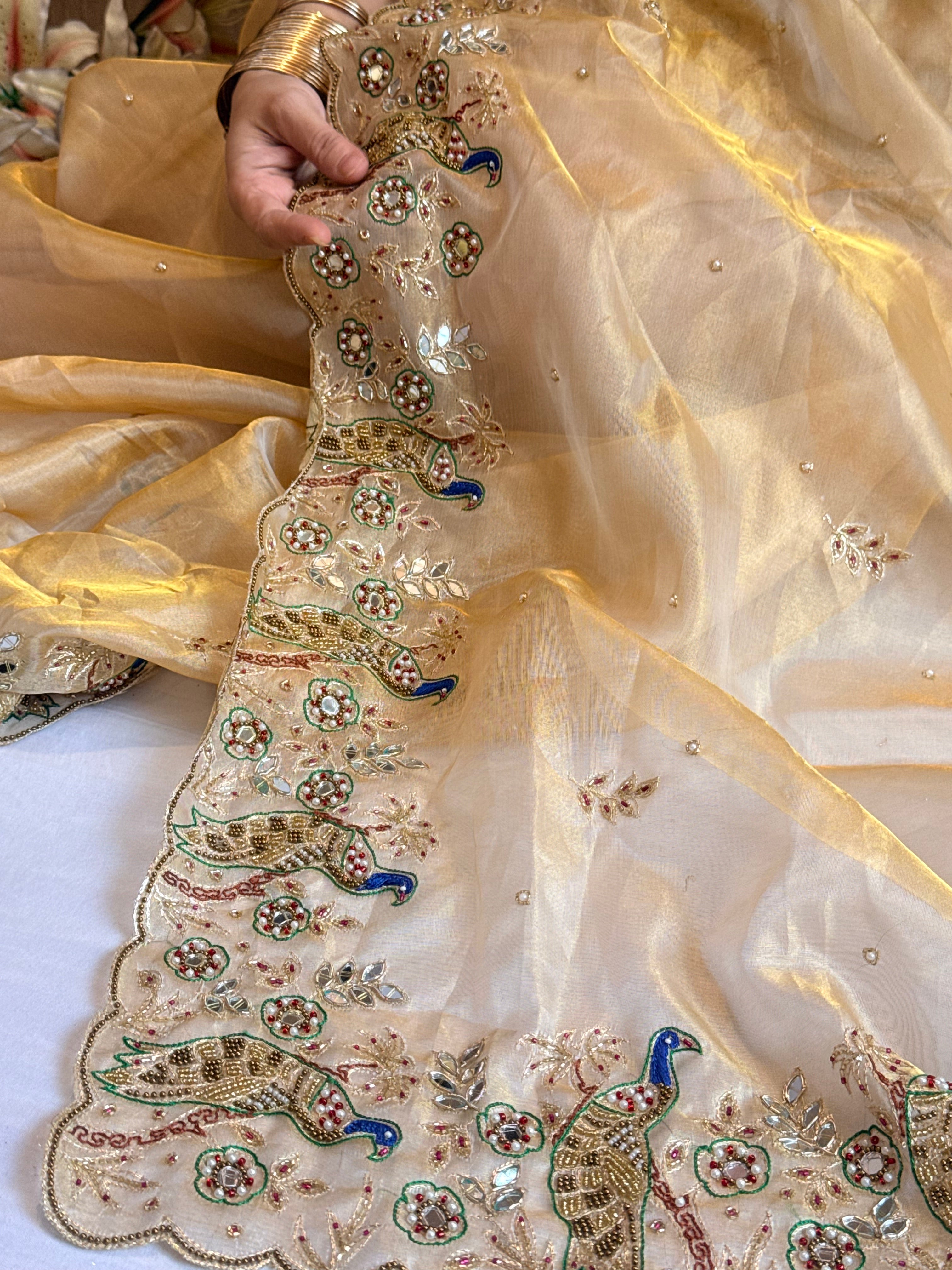Zardozi & Jadauwork border tissue silk hand embroidered kadhwa gold saree