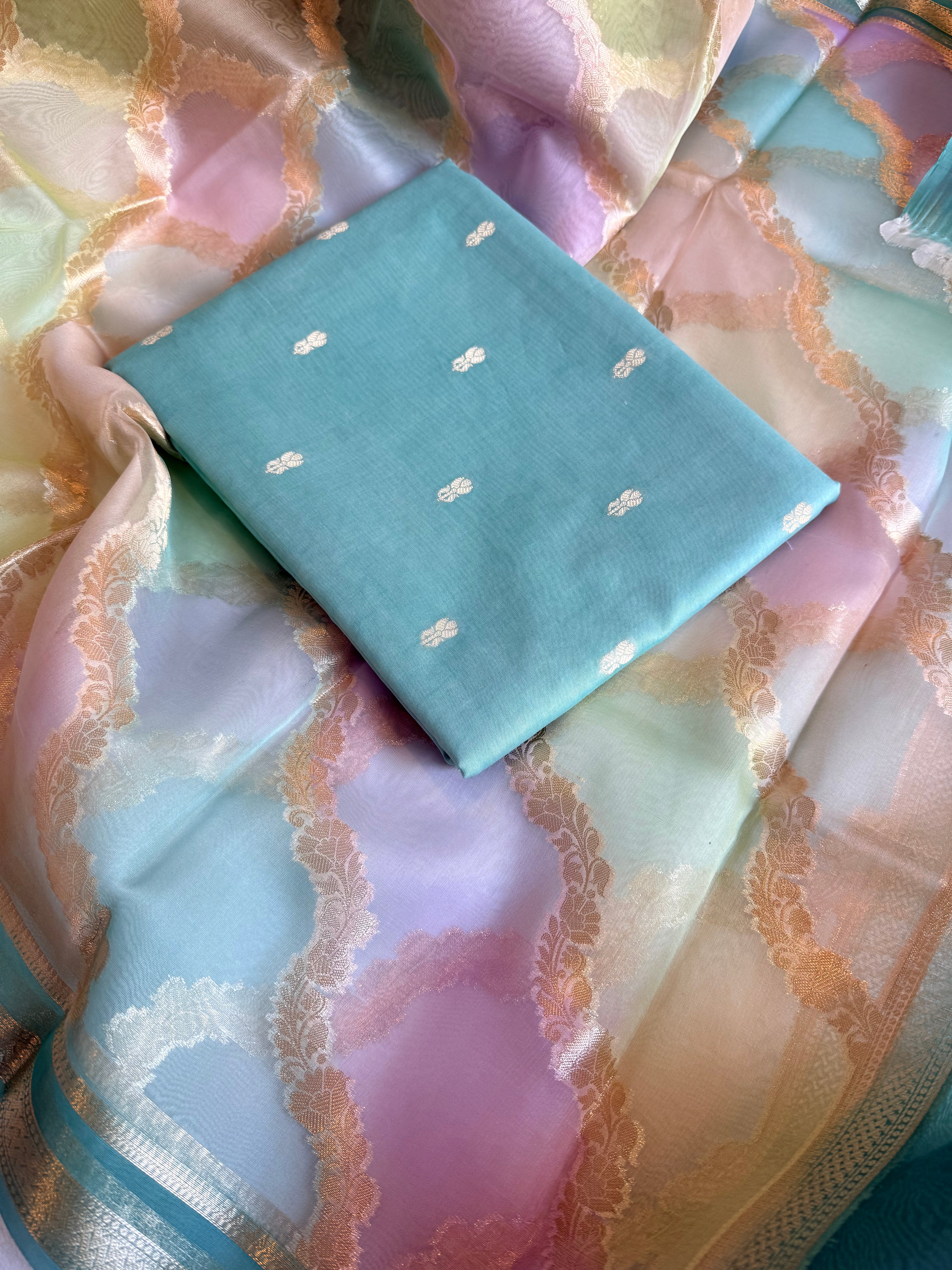 Banarasi chiniya silk kurta paired with candy colours rangkaat kora silk duppata