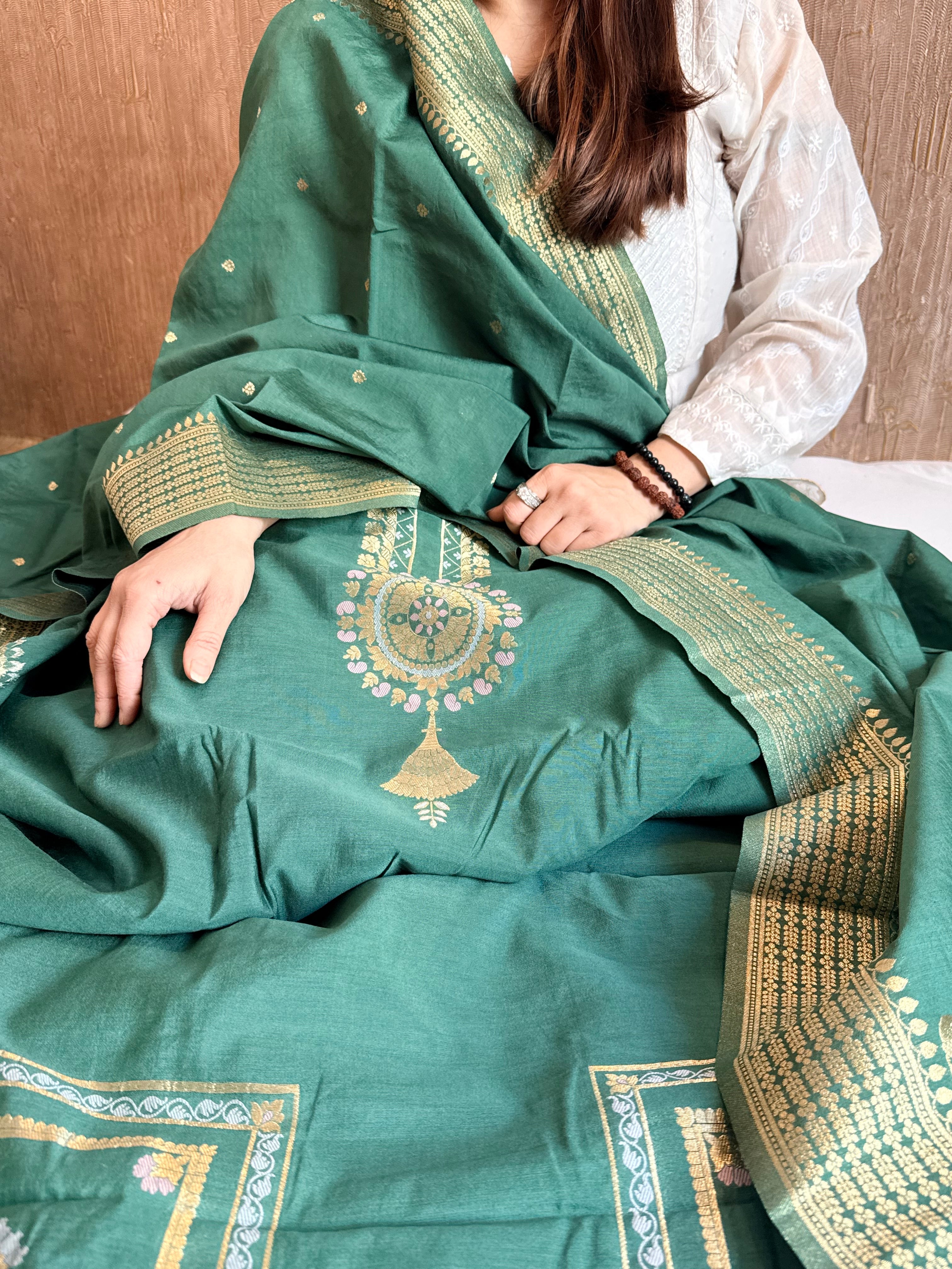 Below 10k - Mughal design inspired cotton silk banarasi suit set