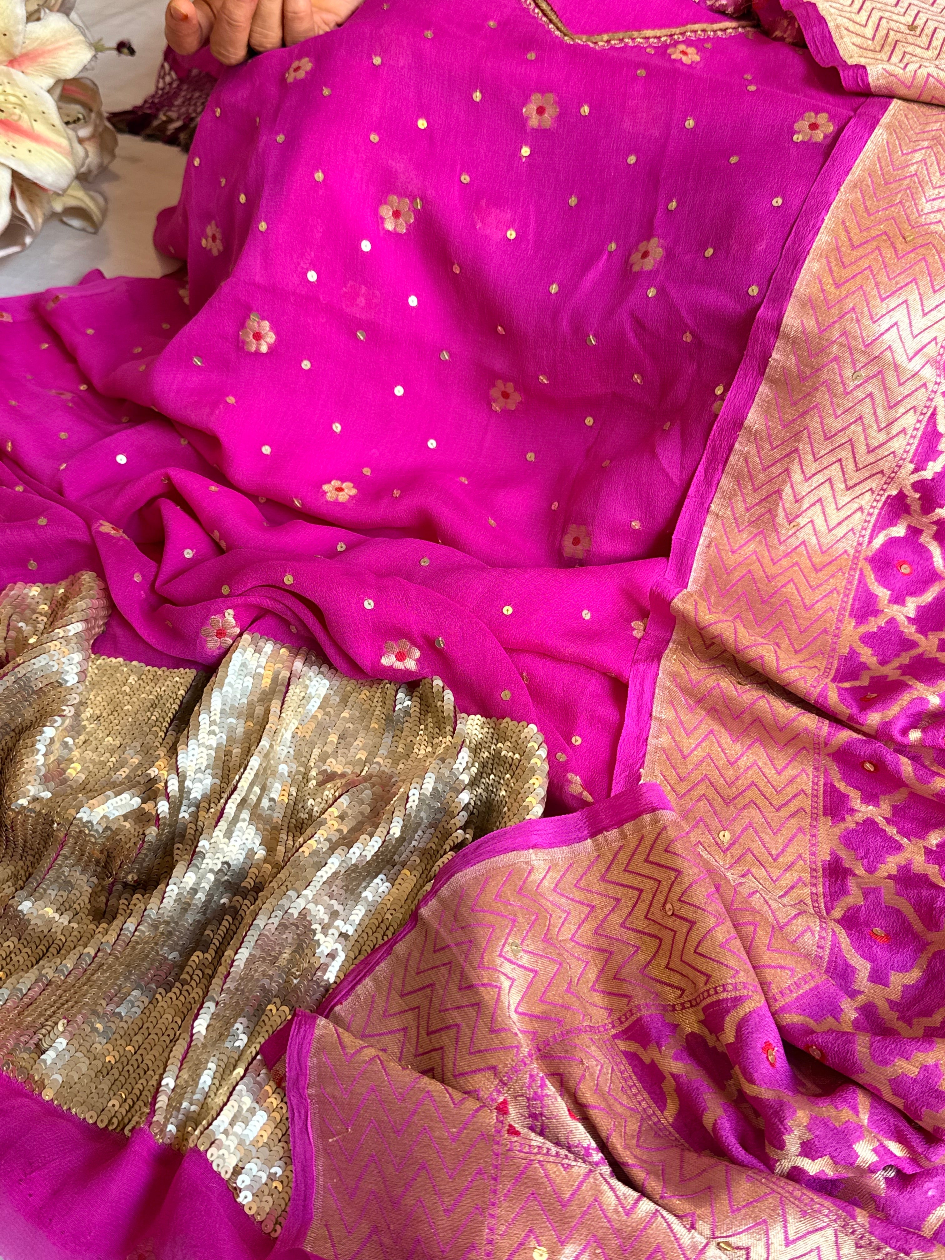 Hot pink salma sitara chiffon gorgette hand embroidered suit set